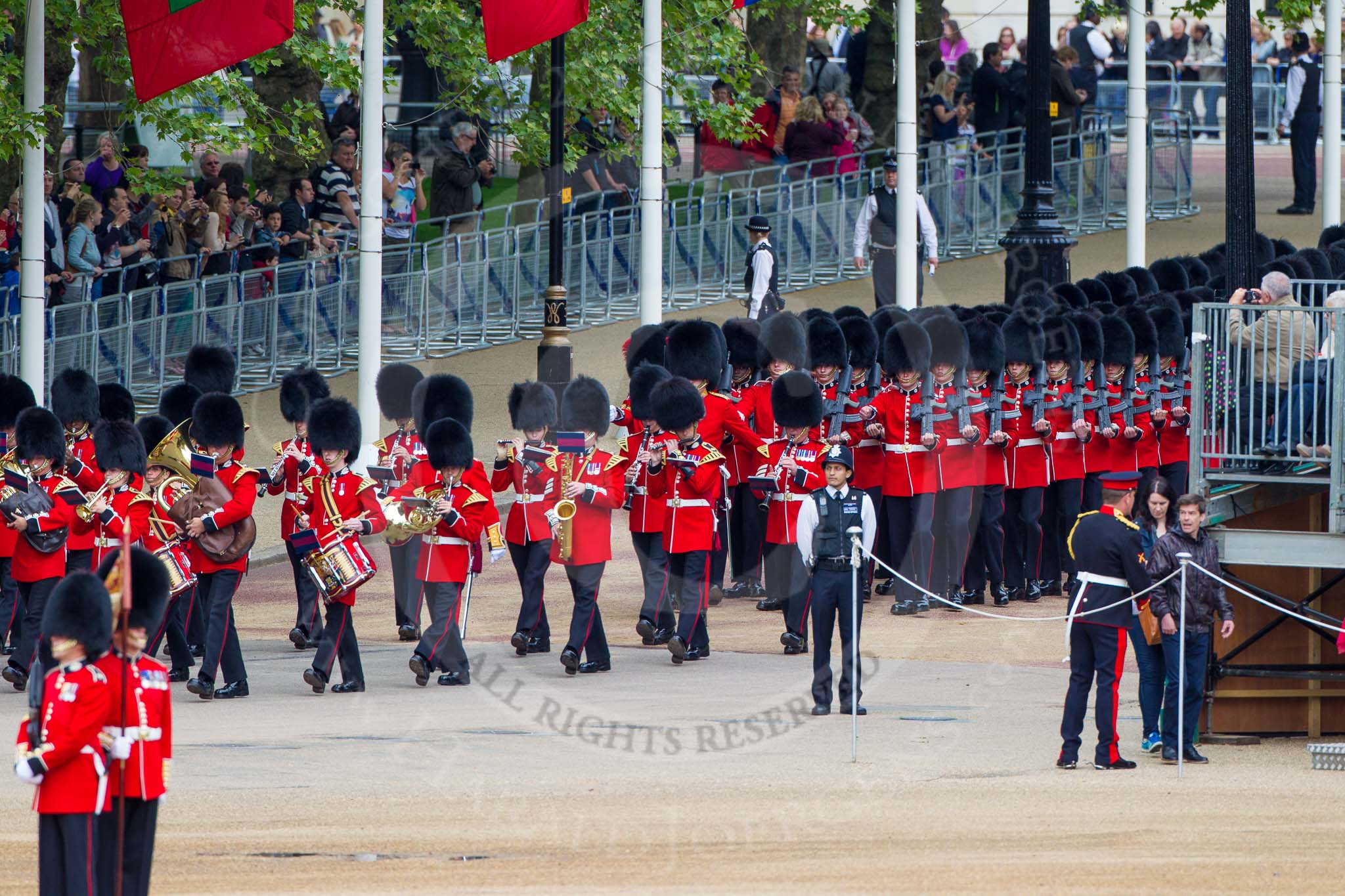 Major General's Review 2013: The third band and the first regiment can just been seen marching along The Mall before turning into Horse Guards Road..
Horse Guards Parade, Westminster,
London SW1,

United Kingdom,
on 01 June 2013 at 10:23, image #72