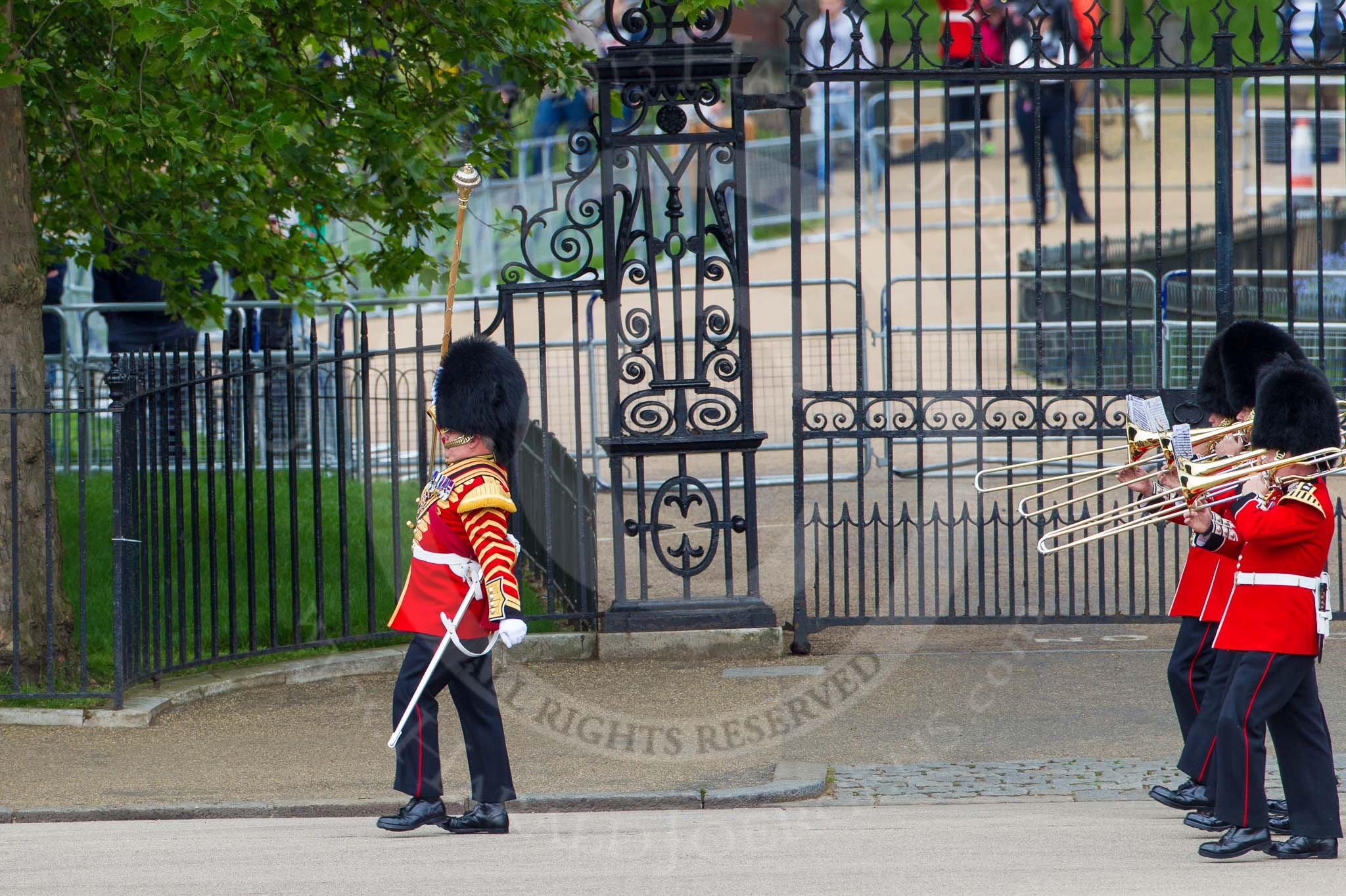 Major General's Review 2013: Drum Major Stephen Staite, Grenadier Guards, leading the Band of the Scots Guards onto Horse Guards Parade..
Horse Guards Parade, Westminster,
London SW1,

United Kingdom,
on 01 June 2013 at 10:24, image #80