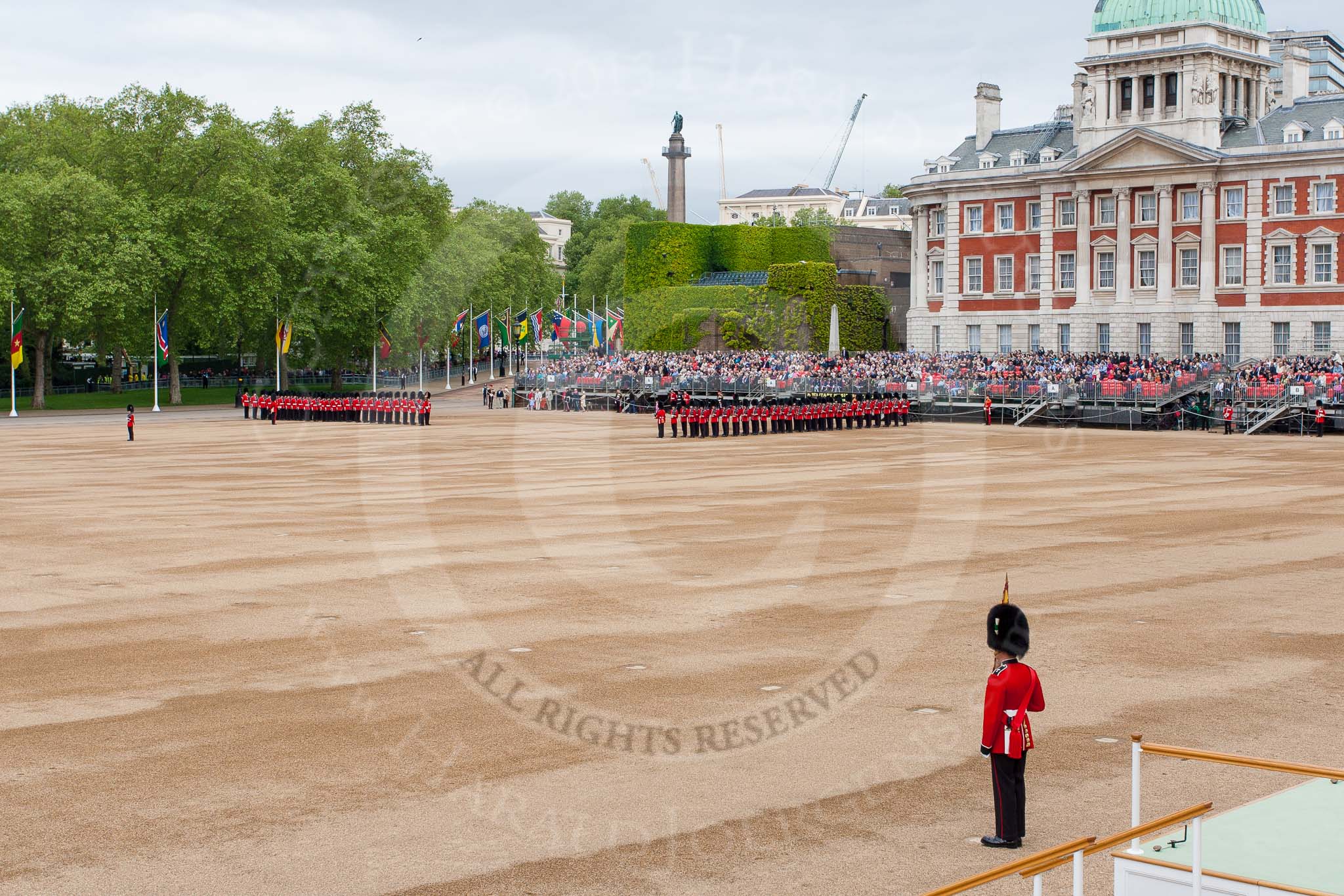 Major General's Review 2013: No. 5 Guard,  Guard, 7 Company Scots Guards., and No. 6 Guard, No. 7 Company Coldstream Guards in position on Horse Guards Parade..
Horse Guards Parade, Westminster,
London SW1,

United Kingdom,
on 01 June 2013 at 10:24, image #81