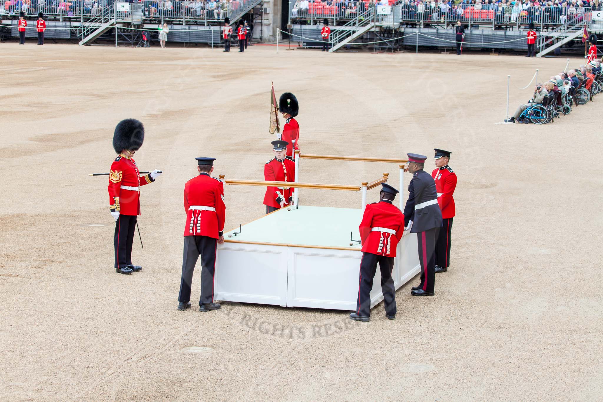 Major General's Review 2013: The dais, the saluting platform for HM The Queen, is moved into place in front of Horse Guards Arch, after the carriages have passed..
Horse Guards Parade, Westminster,
London SW1,

United Kingdom,
on 01 June 2013 at 10:53, image #212