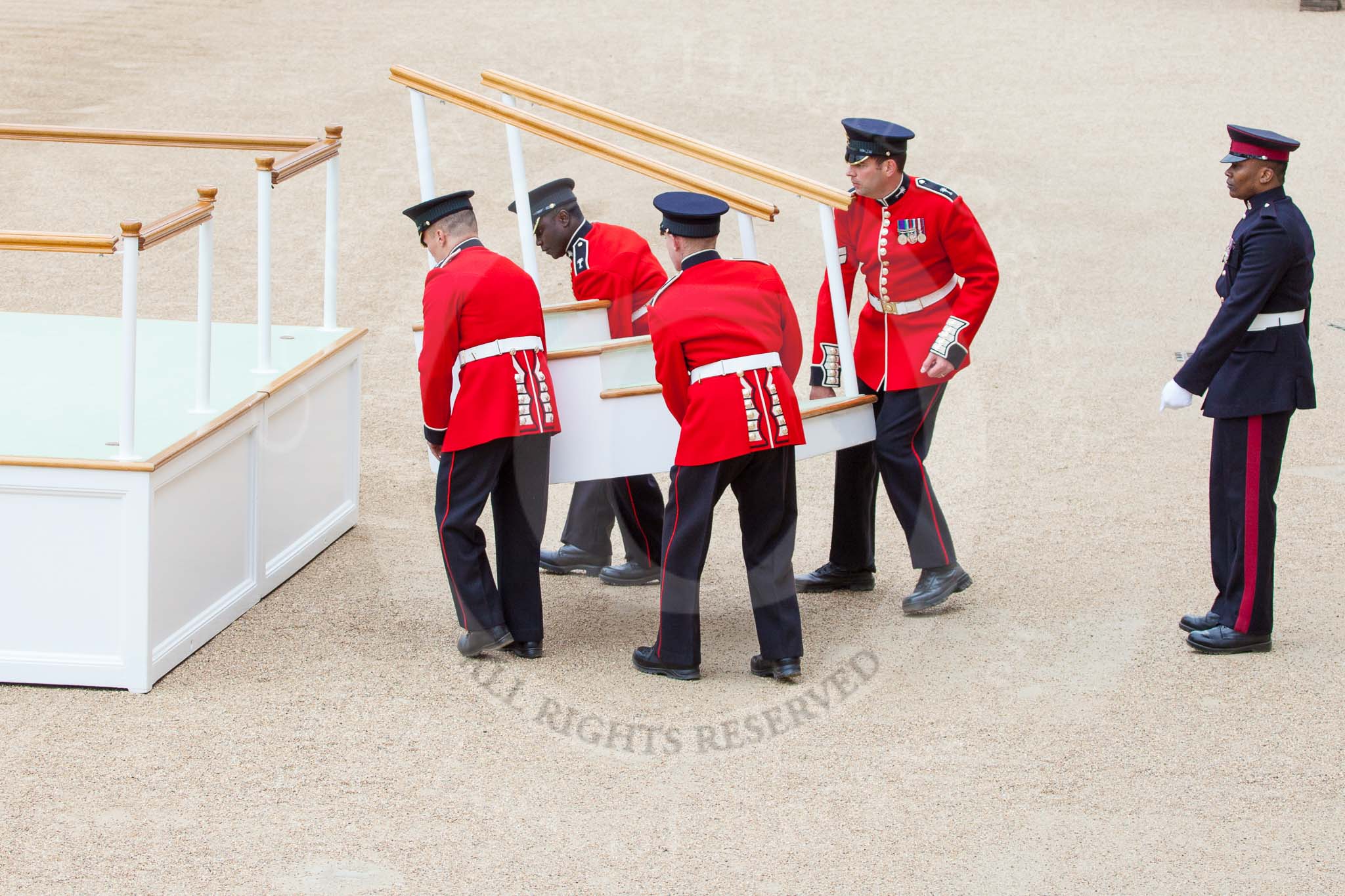 Major General's Review 2013: The dais, the saluting platform for HM The Queen, is moved into place in front of Horse Guards Arch, after the carriages have passed..
Horse Guards Parade, Westminster,
London SW1,

United Kingdom,
on 01 June 2013 at 10:54, image #215