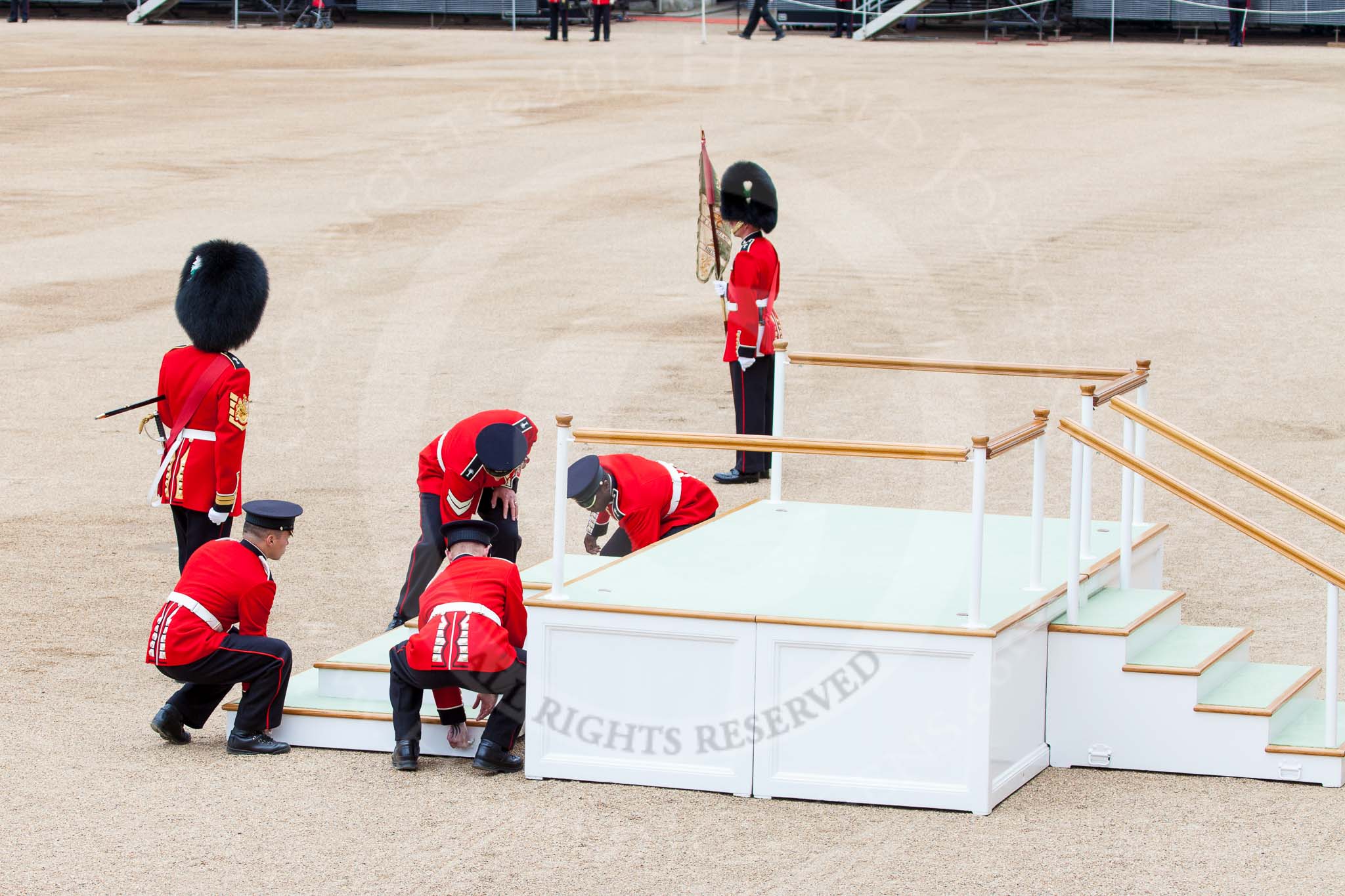 Major General's Review 2013: The dais, the saluting platform for HM The Queen, is moved into place in front of Horse Guards Arch, after the carriages have passed..
Horse Guards Parade, Westminster,
London SW1,

United Kingdom,
on 01 June 2013 at 10:55, image #217