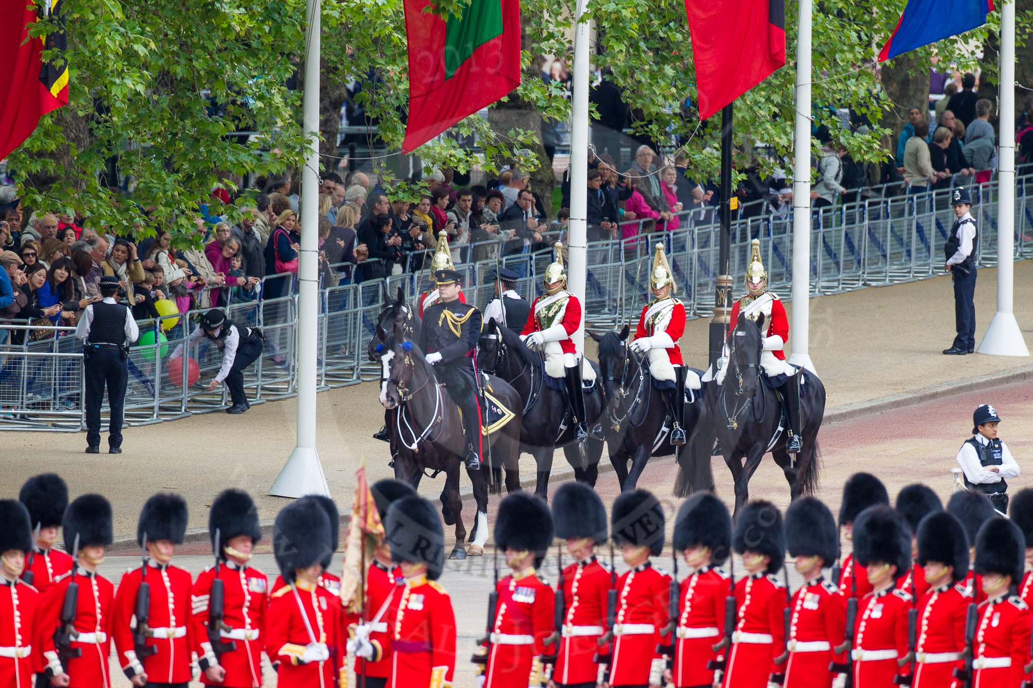 Major General's Review 2013: Leading the Royal Procession from The Mall onto Horse Guards Parade - Brigade Major Household Division Lieutenant Colonel Simon Soskin, Grenadier Guards, followed by four Troopers of The Life Guards..
Horse Guards Parade, Westminster,
London SW1,

United Kingdom,
on 01 June 2013 at 10:55, image #218