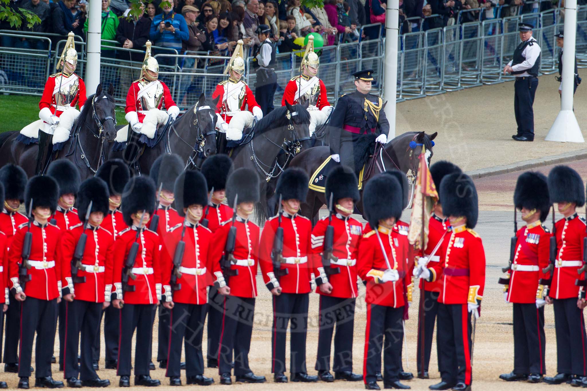 Major General's Review 2013: Leading the Royal Procession from The Mall onto Horse Guards Parade - Brigade Major Household Division Lieutenant Colonel Simon Soskin, Grenadier Guards, followed by four Troopers of The Life Guards..
Horse Guards Parade, Westminster,
London SW1,

United Kingdom,
on 01 June 2013 at 10:55, image #219