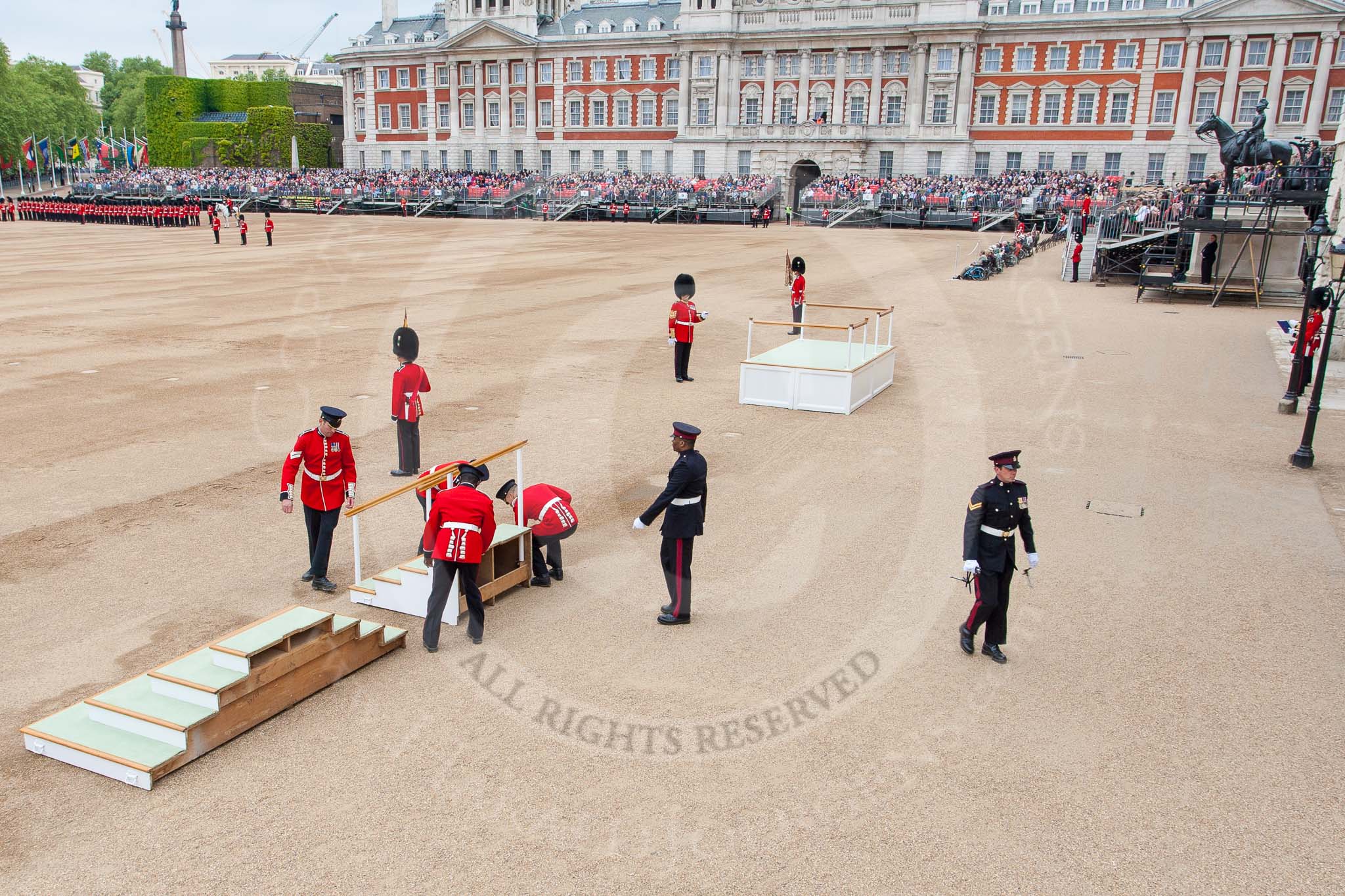 Major General's Review 2013: The dais, the saluting platform for HM The Queen, is moved into place in front of Horse Guards Arch, after the carriages have passed..
Horse Guards Parade, Westminster,
London SW1,

United Kingdom,
on 01 June 2013 at 10:54, image #214