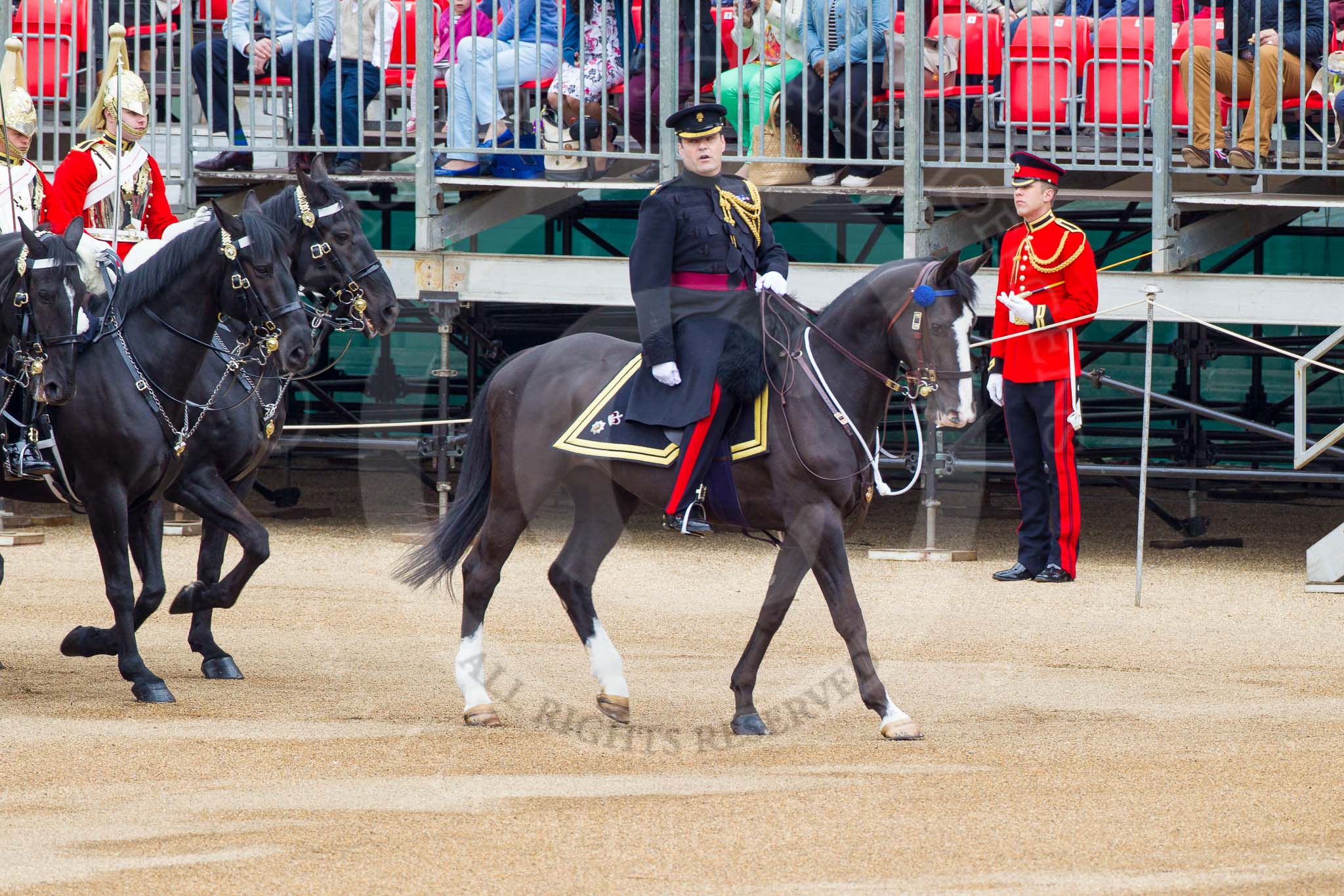 Major General's Review 2013: Leading the Royal Procession from The Mall onto Horse Guards Parade - Brigade Major Household Division Lieutenant Colonel Simon Soskin, Grenadier Guards, followed by four Troopers of The Life Guards..
Horse Guards Parade, Westminster,
London SW1,

United Kingdom,
on 01 June 2013 at 10:56, image #222