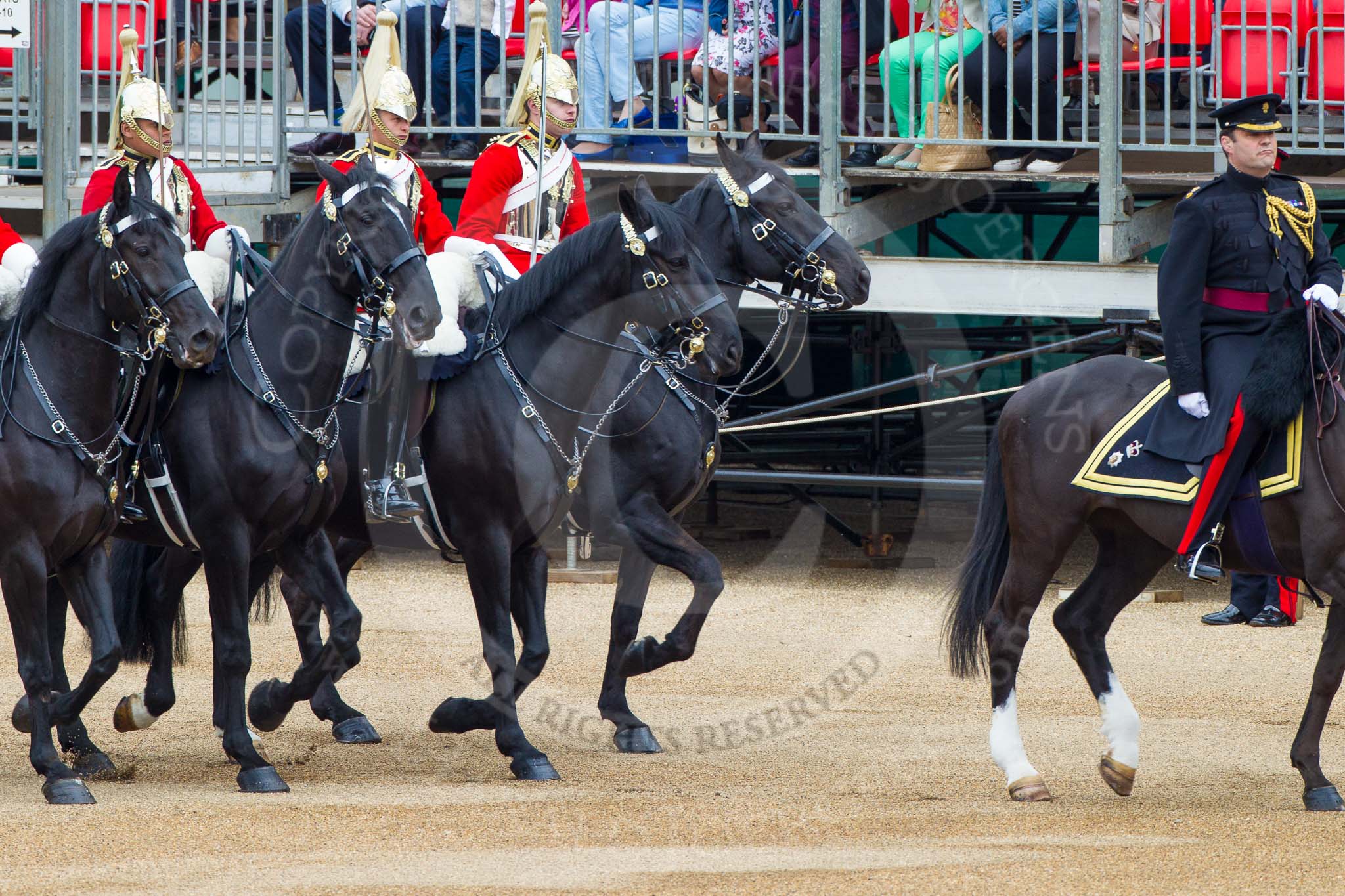 Major General's Review 2013: Leading the Royal Procession from The Mall onto Horse Guards Parade - Brigade Major Household Division Lieutenant Colonel Simon Soskin, Grenadier Guards, followed by four Troopers of The Life Guards..
Horse Guards Parade, Westminster,
London SW1,

United Kingdom,
on 01 June 2013 at 10:56, image #223