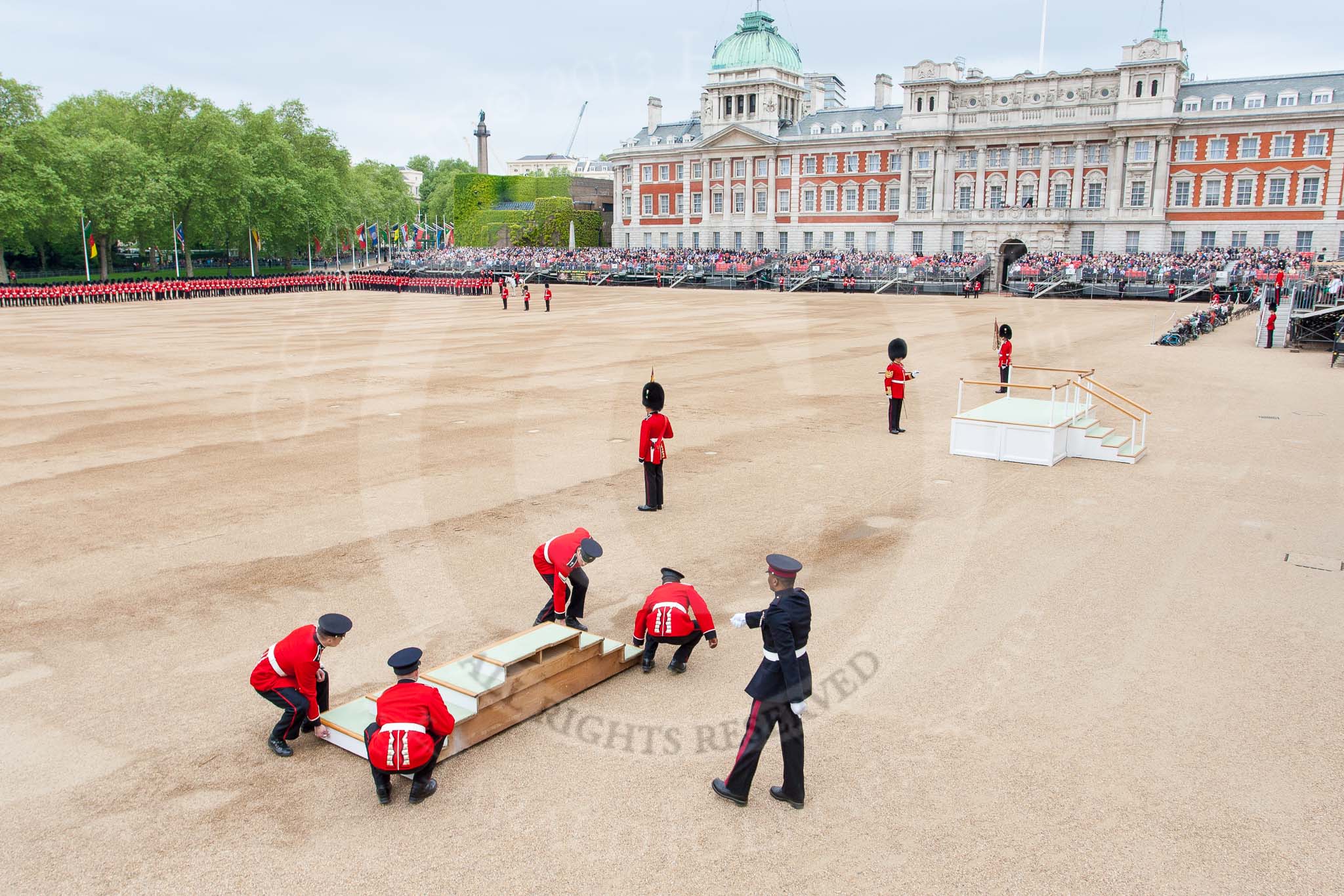 Major General's Review 2013: The dais, the saluting platform for HM The Queen, is moved into place in front of Horse Guards Arch, after the carriages have passed..
Horse Guards Parade, Westminster,
London SW1,

United Kingdom,
on 01 June 2013 at 10:54, image #216