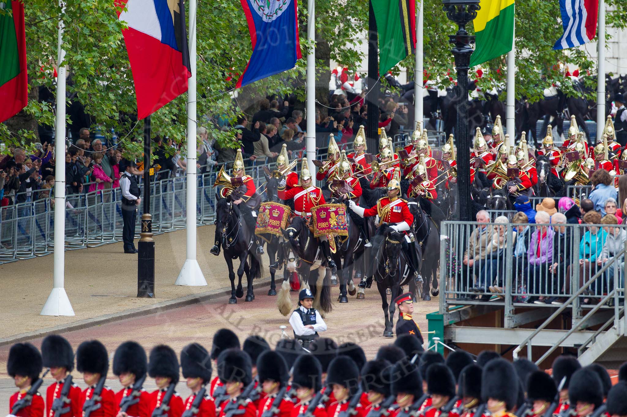 Major General's Review 2013: The Mounted Bands of the Household Cavalry are marching down Horse Guards Road as the third element of the Royal Procession..
Horse Guards Parade, Westminster,
London SW1,

United Kingdom,
on 01 June 2013 at 10:56, image #225