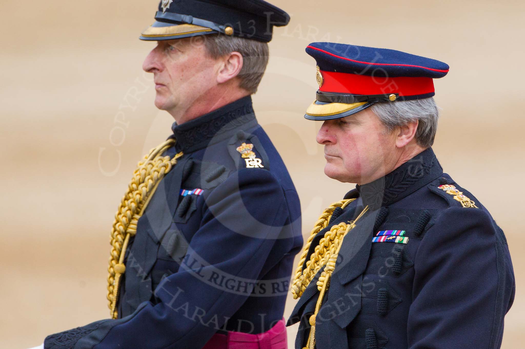 Major General's Review 2013: The Equerry in Waiting to Her Majesty, Lieutenant Colonel Alexander Matheson of Matheson, younger,The Crown Equerry Colonel Toby Browne, during the Inspection of the Line..
Horse Guards Parade, Westminster,
London SW1,

United Kingdom,
on 01 June 2013 at 11:01, image #272