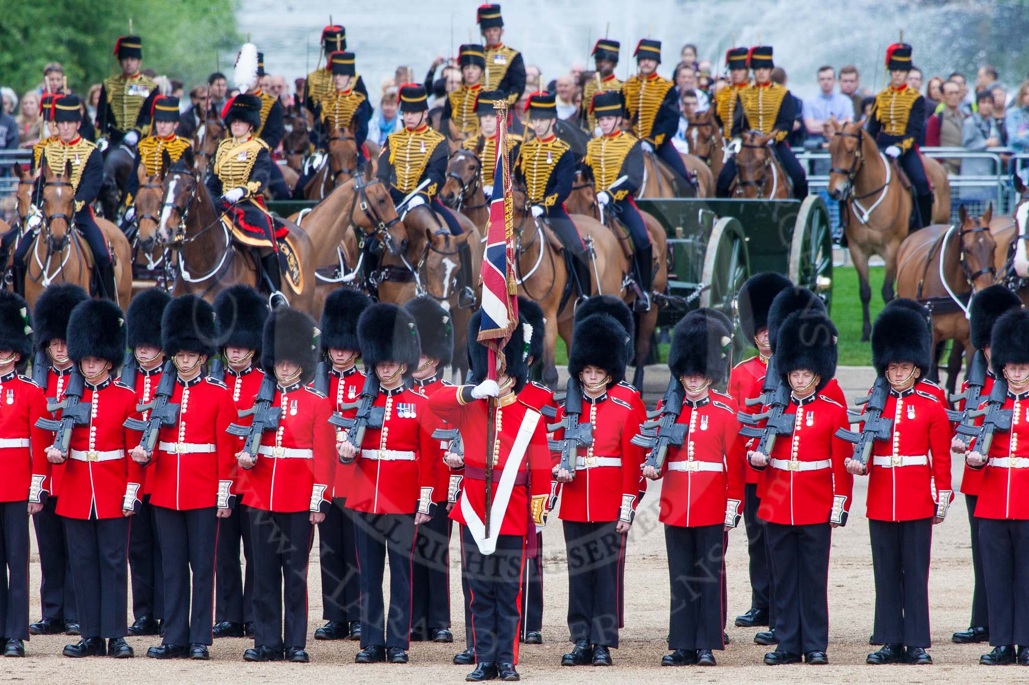 Major General's Review 2013: The Ensign, Second Lieutenant Joel Dinwiddle, and the Escort to the Colour,are back at their initial position, when they were the Escort for the Colour..
Horse Guards Parade, Westminster,
London SW1,

United Kingdom,
on 01 June 2013 at 11:26, image #445