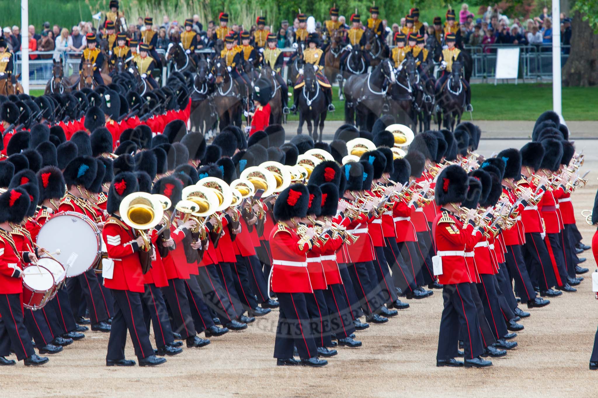 Major General's Review 2013: The Massed Bands, led by the five Drum Majors, during the March Past..
Horse Guards Parade, Westminster,
London SW1,

United Kingdom,
on 01 June 2013 at 11:30, image #458