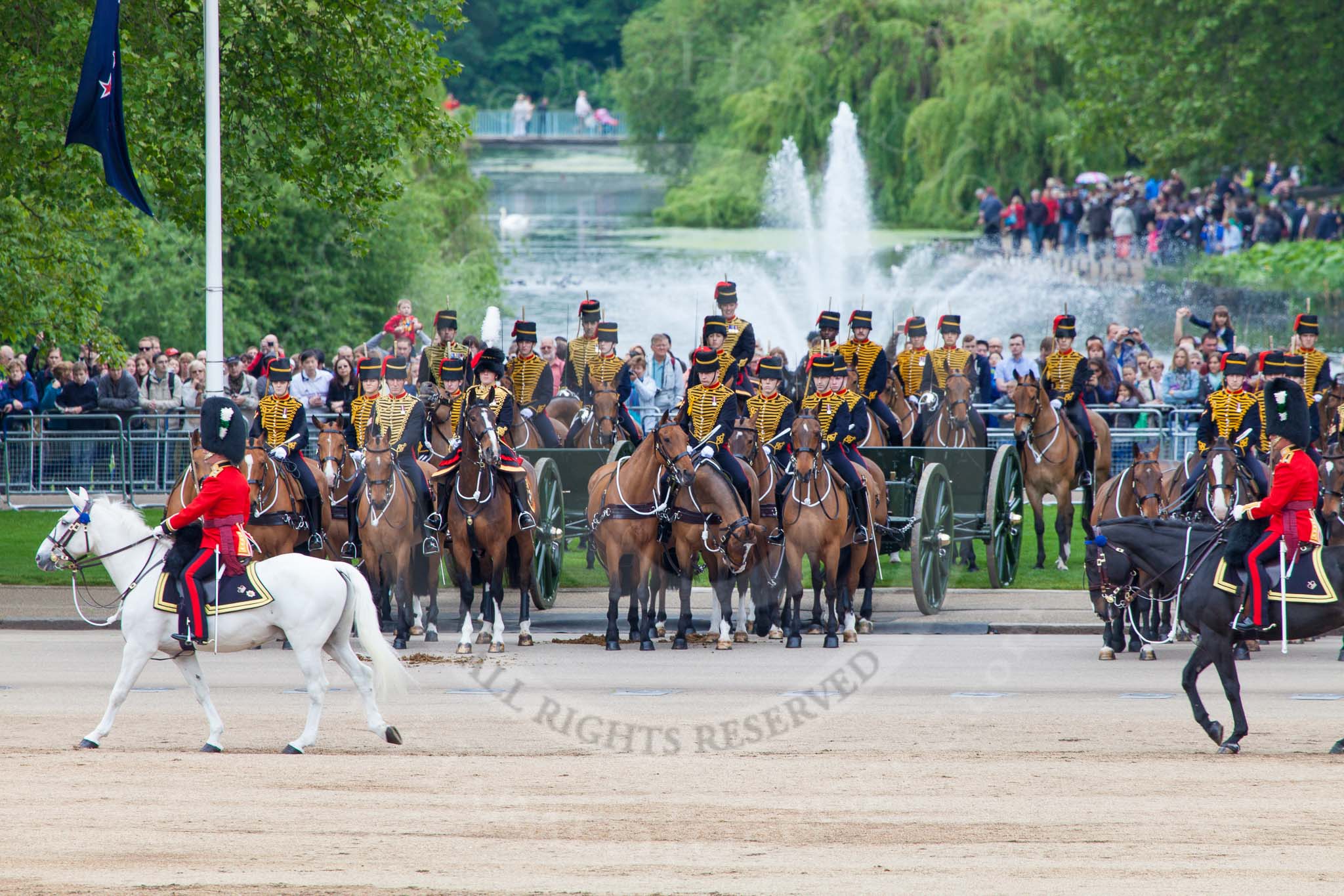 Major General's Review 2013: The March Past in Quick Time -the Field Officer in Brigade Waiting, Lieutenant Colonel Dino Bossi, Welsh Guards and the Major of the Parade, Major H G C Bettinson, Welsh Guards..
Horse Guards Parade, Westminster,
London SW1,

United Kingdom,
on 01 June 2013 at 11:40, image #526