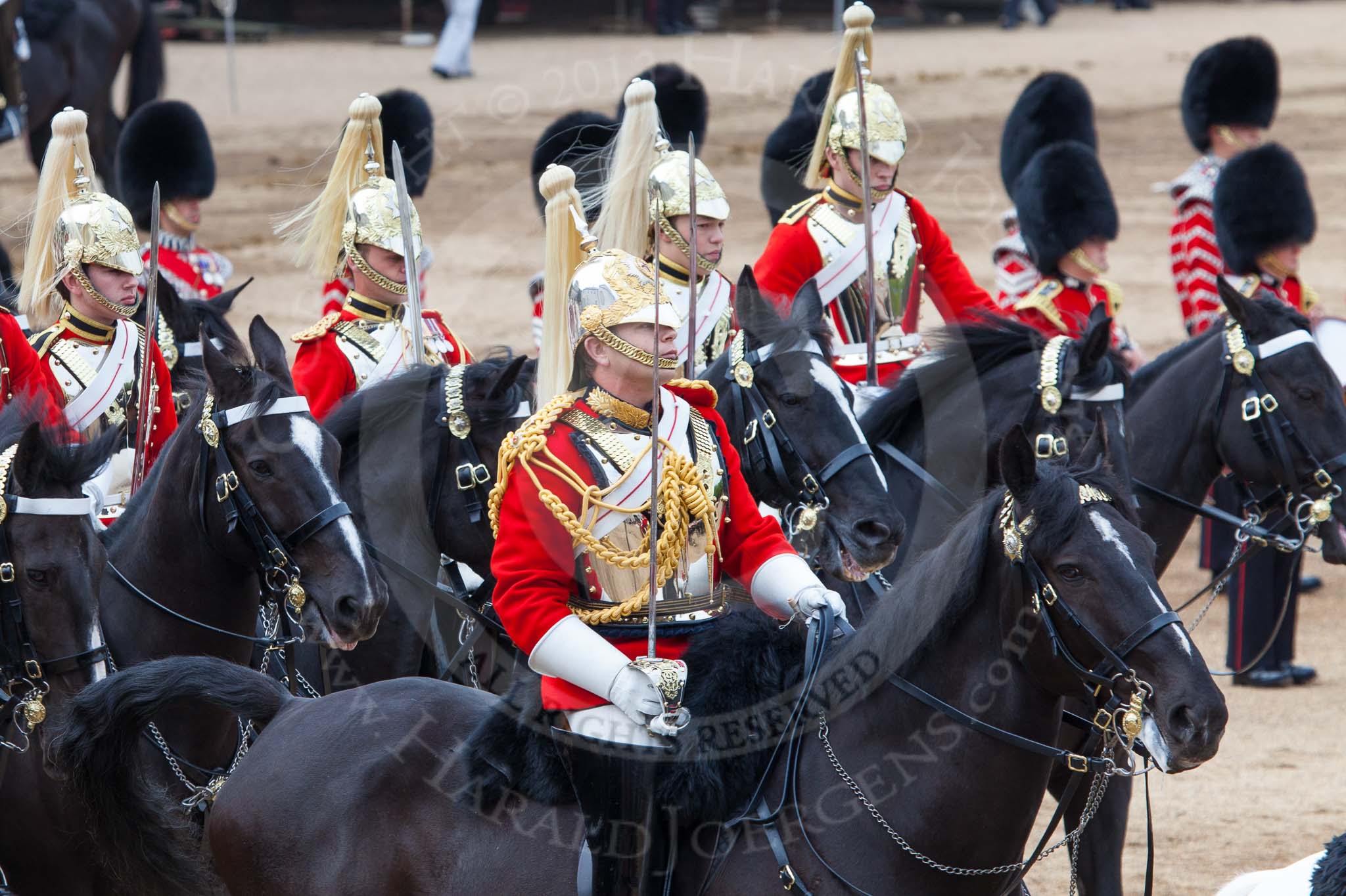 Major General's Review 2013: The First and Second Divisions of the Sovereign's Escort, The Life Guards, during the Ride Past..
Horse Guards Parade, Westminster,
London SW1,

United Kingdom,
on 01 June 2013 at 11:53, image #617