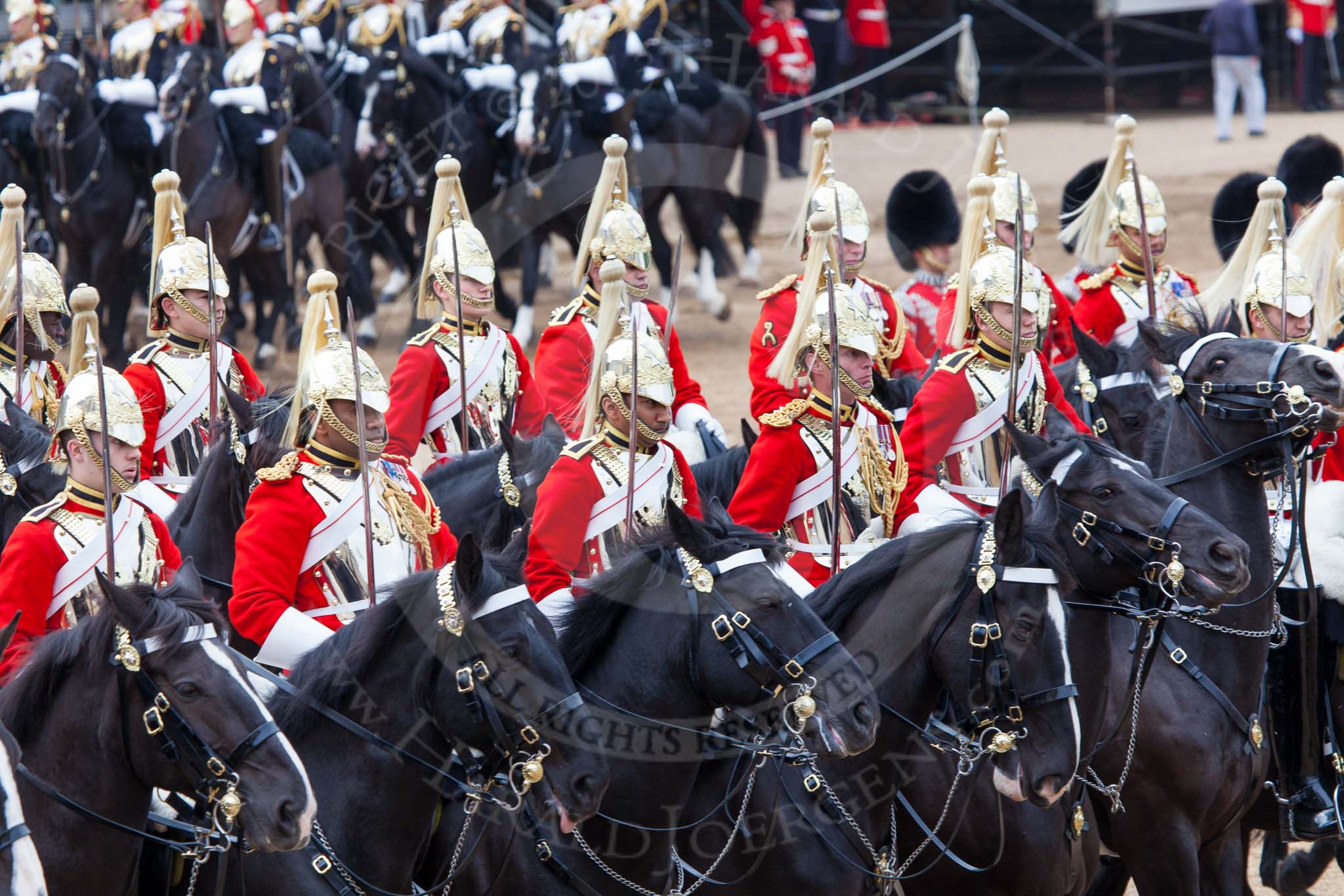 Major General's Review 2013: The First and Second Divisions of the Sovereign's Escort, The Life Guards, during the Ride Past..
Horse Guards Parade, Westminster,
London SW1,

United Kingdom,
on 01 June 2013 at 11:53, image #618