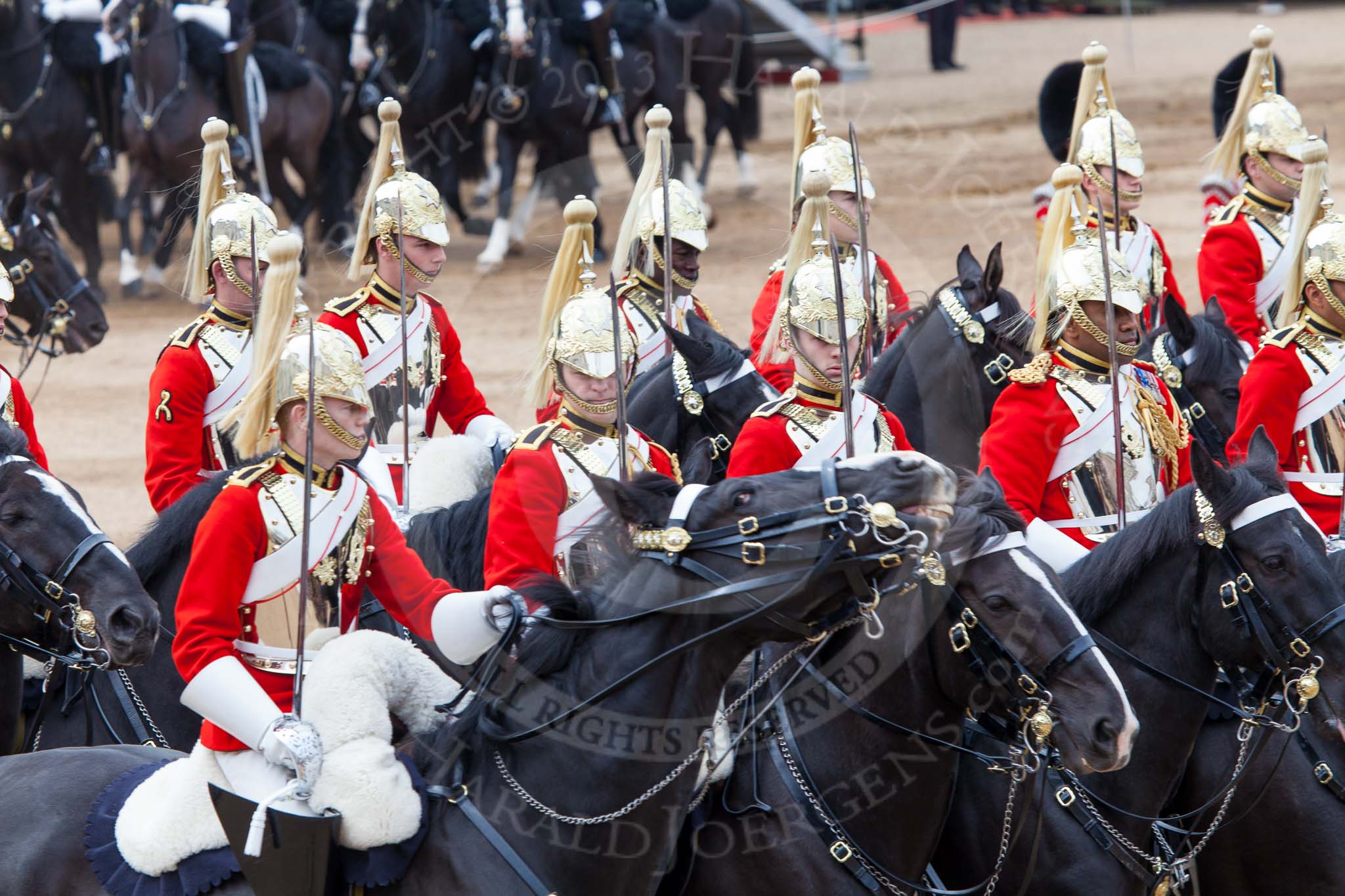 Major General's Review 2013: The First and Second Divisions of the Sovereign's Escort, The Life Guards, during the Ride Past..
Horse Guards Parade, Westminster,
London SW1,

United Kingdom,
on 01 June 2013 at 11:53, image #619