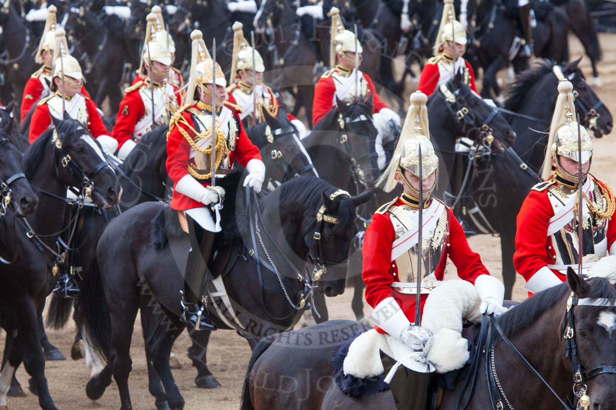 Major General's Review 2013: The First and Second Divisions of the Sovereign's Escort, The Life Guards, during the Ride Past..
Horse Guards Parade, Westminster,
London SW1,

United Kingdom,
on 01 June 2013 at 11:53, image #620