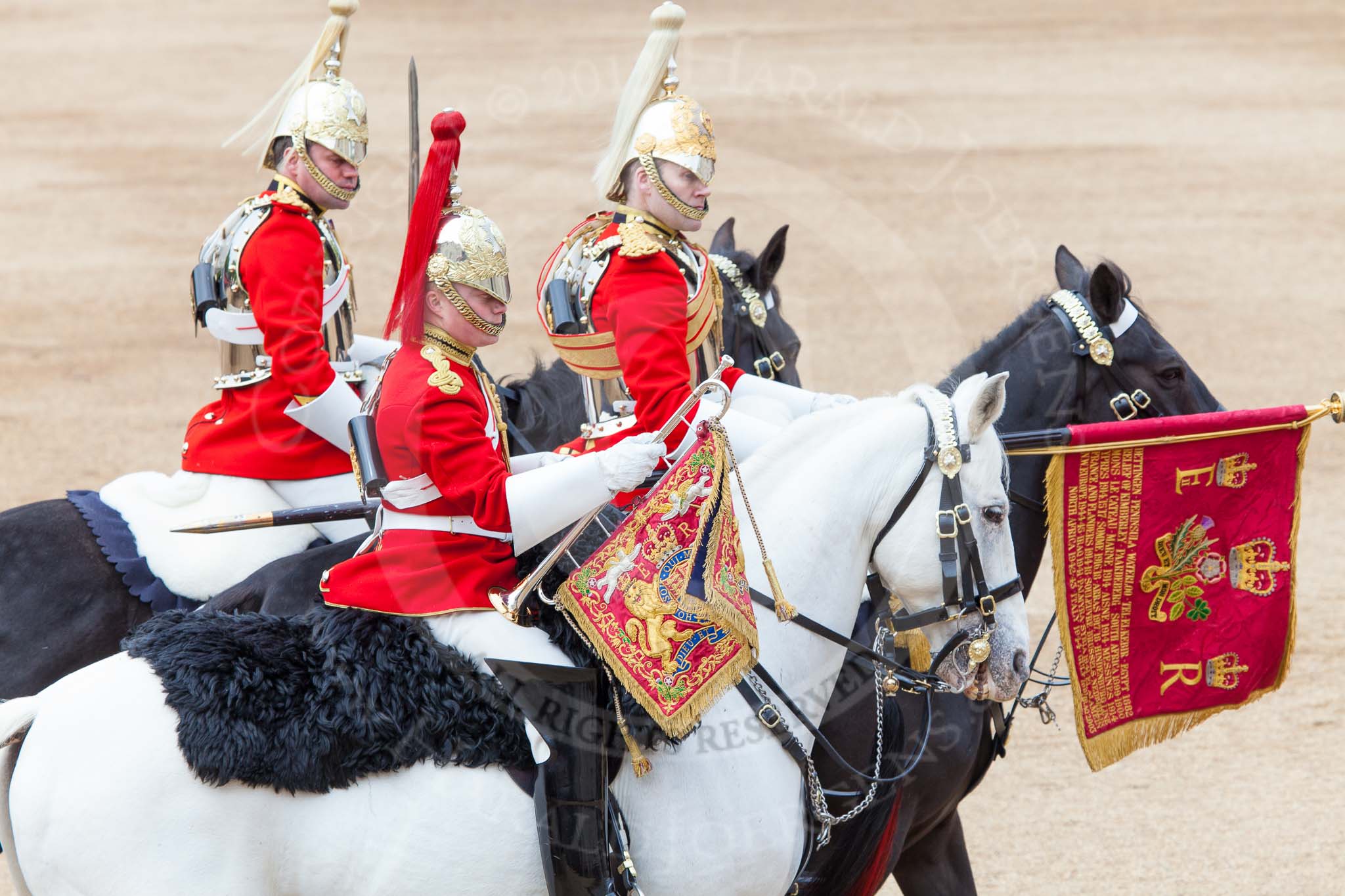 Major General's Review 2013: The Trumpeter (Lance Corporal Ben Ruffer, The Life Guards), the Standard Bearer (Squadron Corporal Major Kris Newell, The Life Guards) and the Standard Coverer (Staff Corporal Steve Chinn, The Life Guards) leading the Ride Past for the Household Cavalry..
Horse Guards Parade, Westminster,
London SW1,

United Kingdom,
on 01 June 2013 at 11:53, image #622