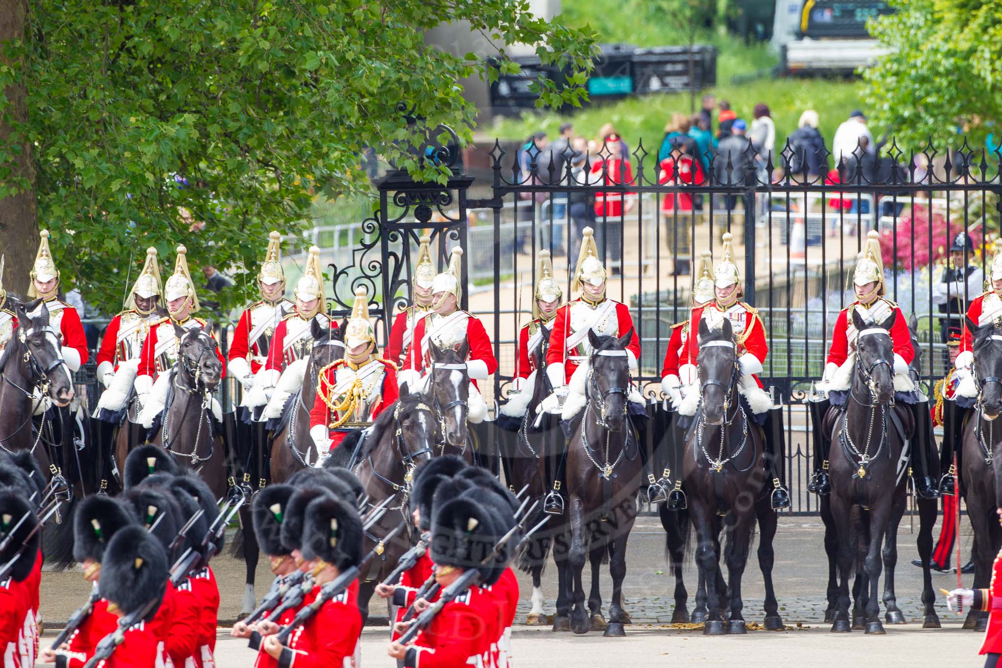 Major General's Review 2013: The six guards divisions have changed direction. Behind them, the Household Cavalry is leaving their position to march off..
Horse Guards Parade, Westminster,
London SW1,

United Kingdom,
on 01 June 2013 at 12:03, image #684