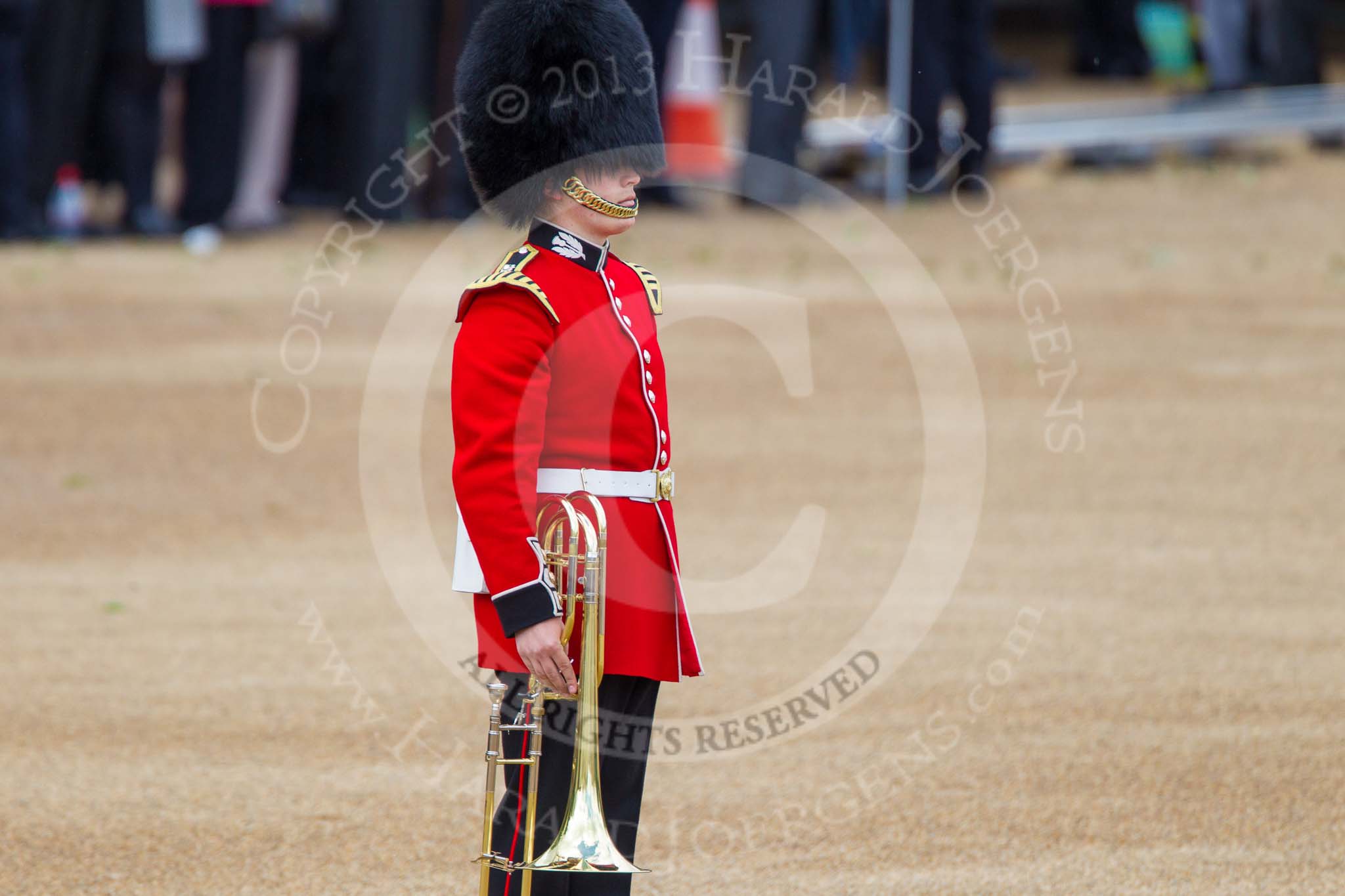 Trooping the Colour 2013: Each of the Guards Bands has a "position marker" on Horse Guards Parade, here a musician for the Band of the Scots Guards. Image #39, 15 June 2013 10:10 Horse Guards Parade, London, UK