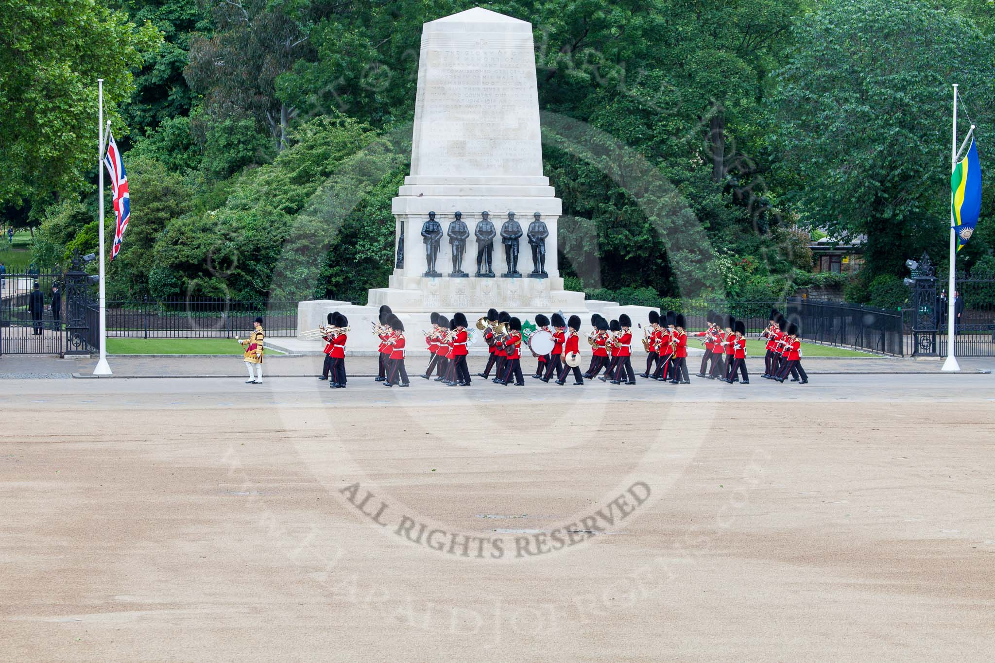 Trooping the Colour 2013: The Band of the Coldstream Guards, led by Senior Drum Major Matthew Betts, Grenadier Guards, marching past the Guards Memorial. Image #42, 15 June 2013 10:11 Horse Guards Parade, London, UK