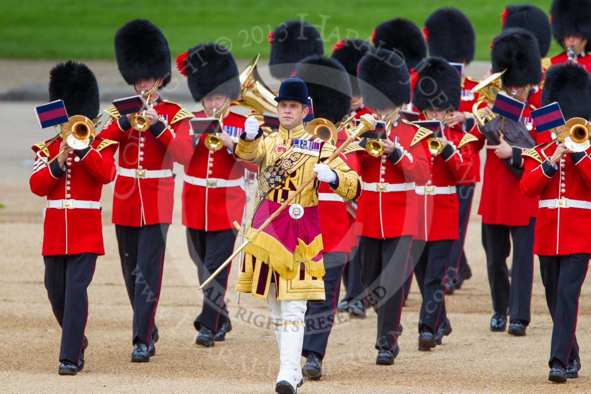 Trooping the Colour 2013: The Band of the Coldstream Guards, led by Senior Drum Major Matthew Betts, Grenadier Guards, marching onto Horse Guards Parade..
Horse Guards Parade, Westminster,
London SW1,

United Kingdom,
on 15 June 2013 at 10:12, image #45