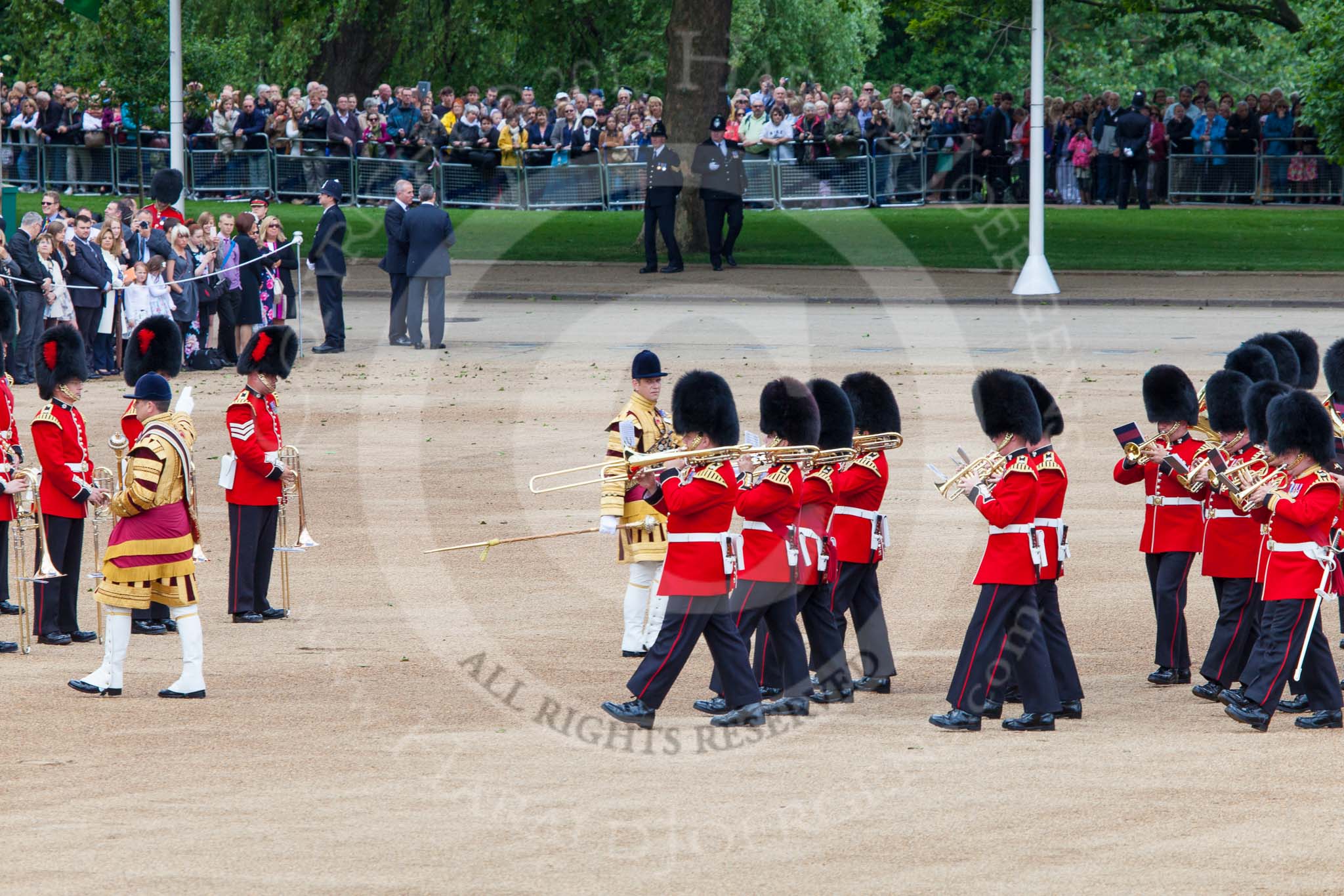 Trooping the Colour 2013: Drum Major Tony Taylor, Coldstream Guards, leading the Band of the Irish Guards past the Band of the Coldstream Guards that had arrived before. Image #58, 15 June 2013 10:16 Horse Guards Parade, London, UK