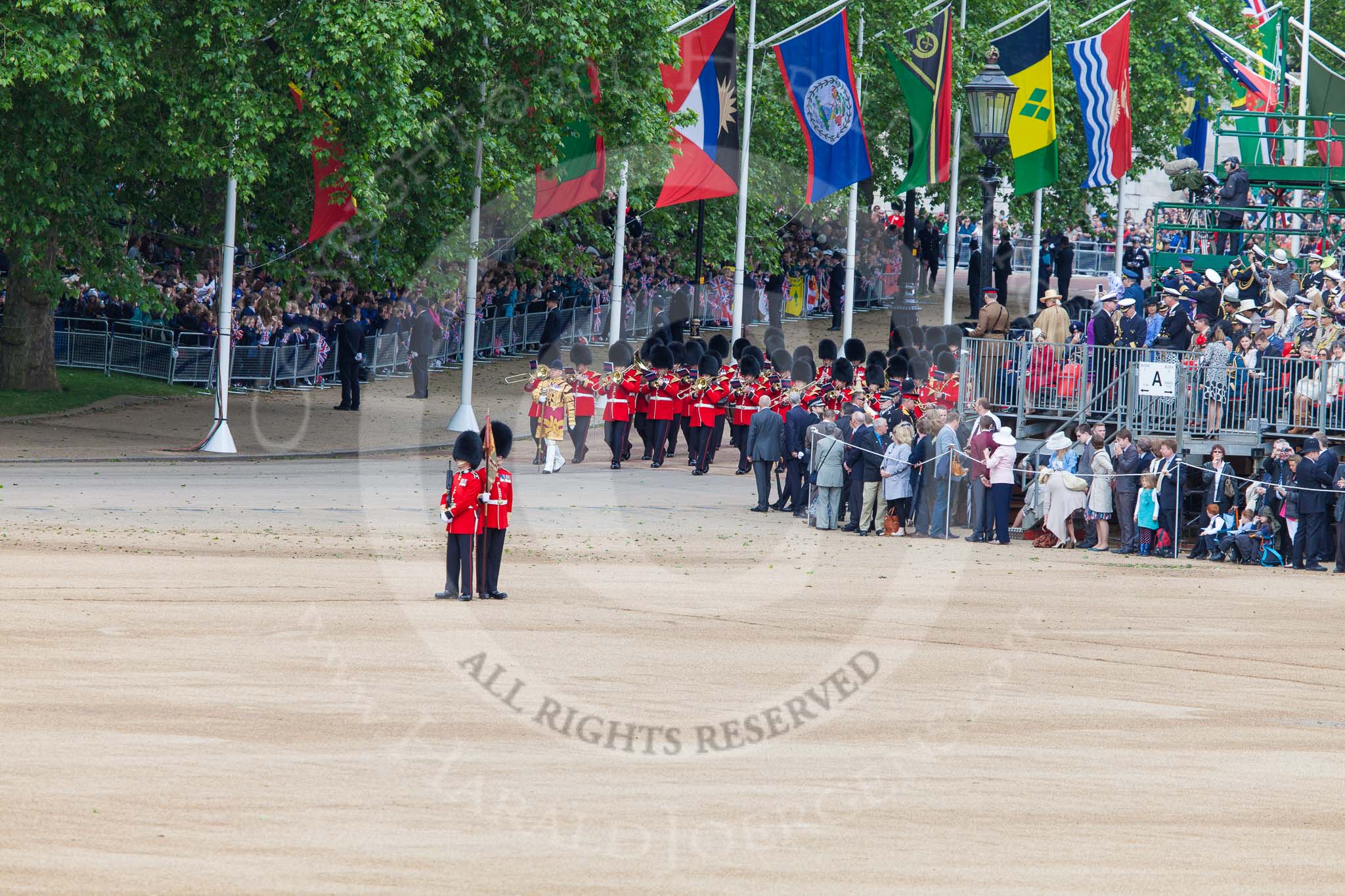 Trooping the Colour 2013: Drum Major Stephen Staite, Grenadier Guards, leading the third of the guards bands, the Band of the Scots Guards, onto Horse Guards Parade. Image #66, 15 June 2013 10:21 Horse Guards Parade, London, UK