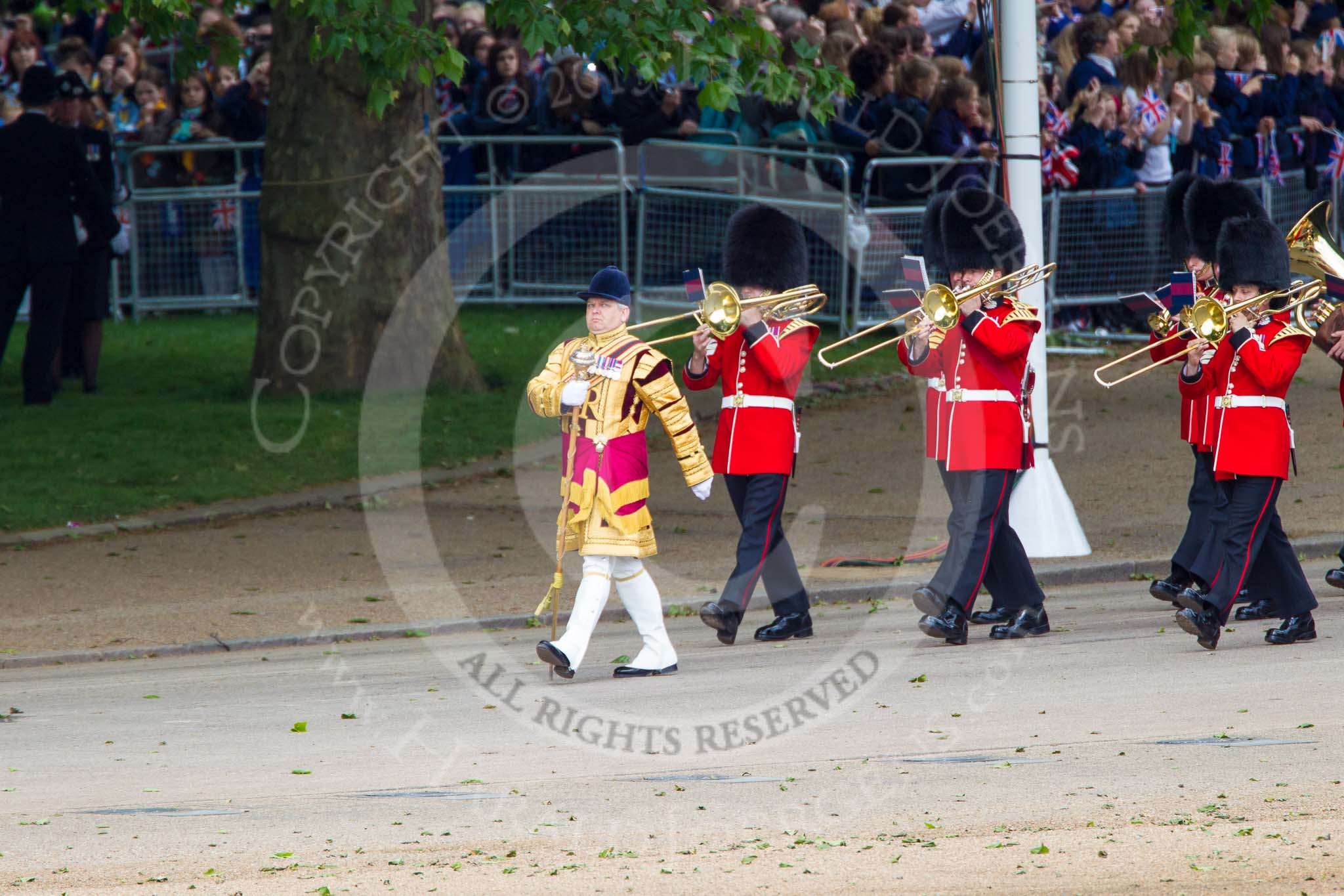 Trooping the Colour 2013: Drum Major Stephen Staite, Grenadier Guards, leading the third of the guards bands, the Band of the Scots Guards, onto Horse Guards Parade. Image #67, 15 June 2013 10:22 Horse Guards Parade, London, UK