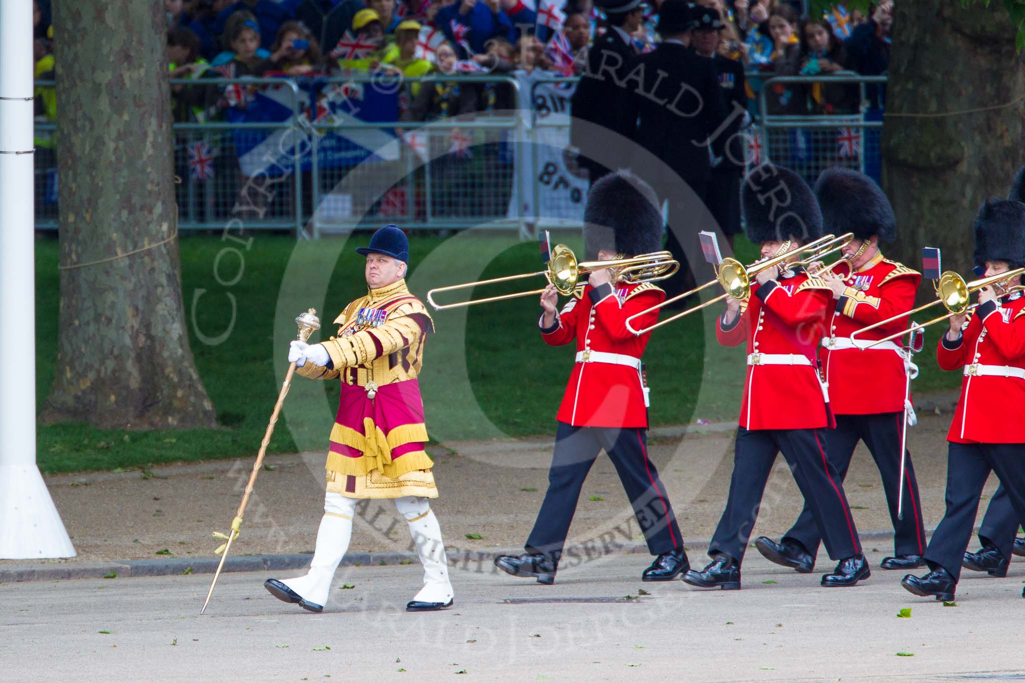 Trooping the Colour 2013: Drum Major Stephen Staite, Grenadier Guards, leading the third of the guards bands, the Band of the Scots Guards, onto Horse Guards Parade. Image #68, 15 June 2013 10:22 Horse Guards Parade, London, UK