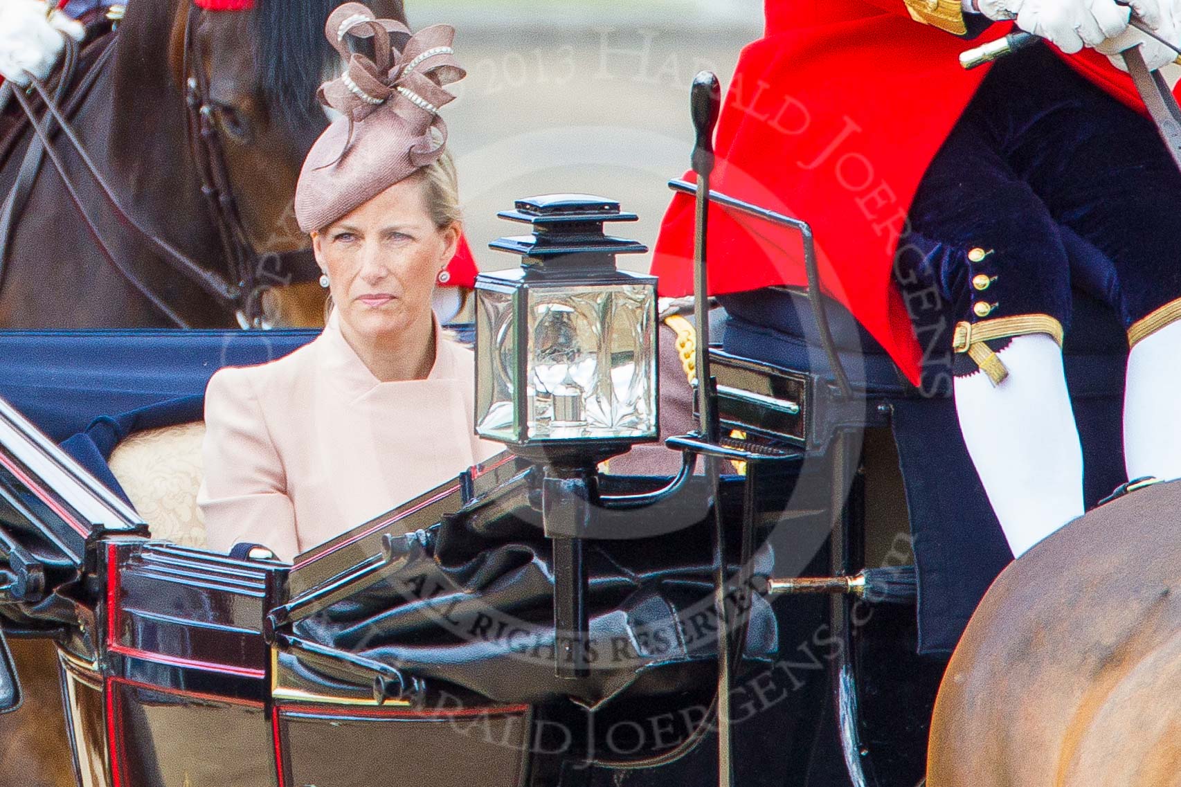 Trooping the Colour 2013: HRH The Countess of Wessex in the third barouche carriage on the way across Horse Guards Parade to watch the parade from the Major General's office..
Horse Guards Parade, Westminster,
London SW1,

United Kingdom,
on 15 June 2013 at 10:50, image #199