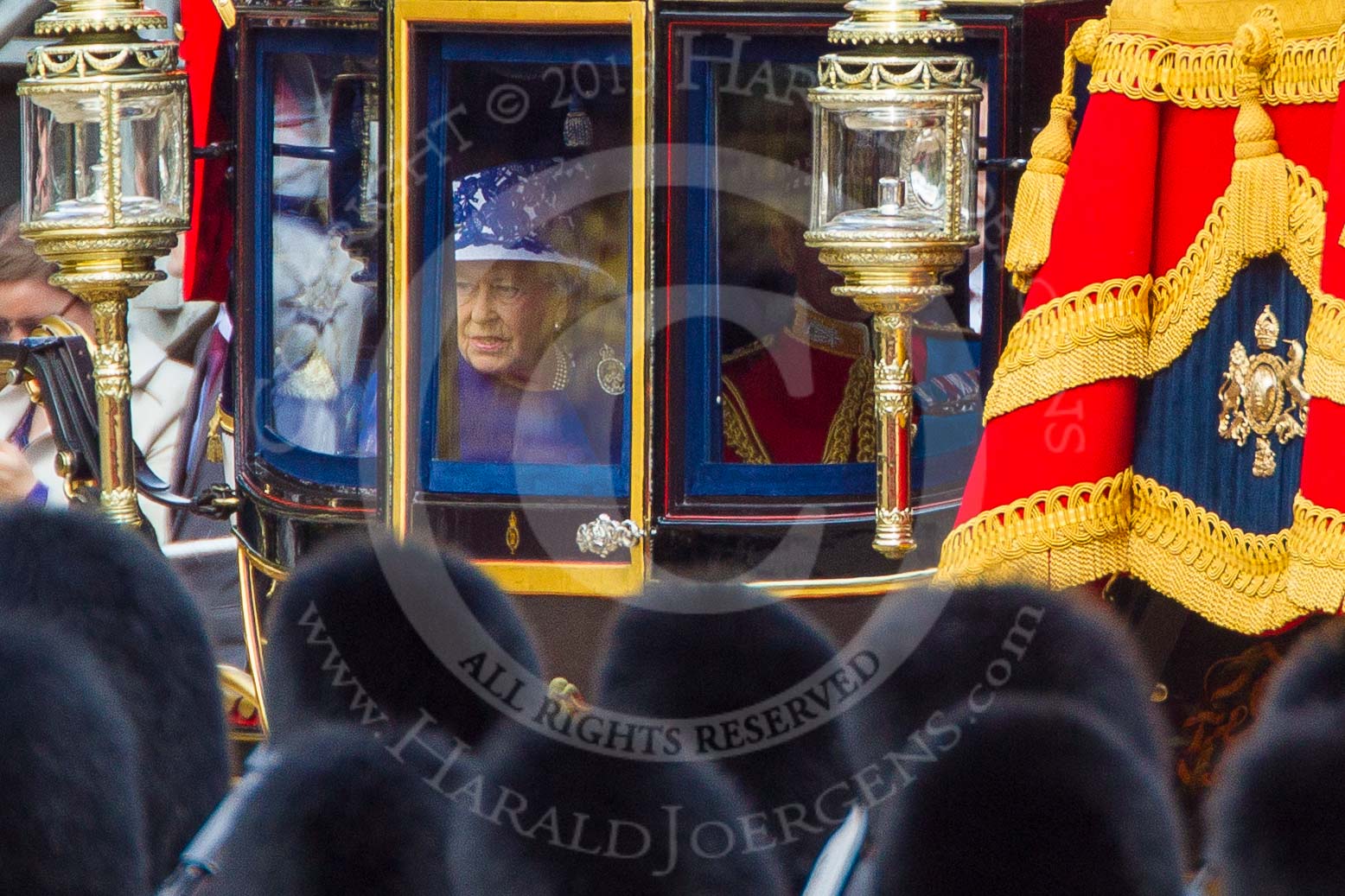 Trooping the Colour 2013: HM The Queen in the Glass Coach arriving on Horse Guards Parade for her Birthday Parade. Image #257, 15 June 2013 10:58 Horse Guards Parade, London, UK