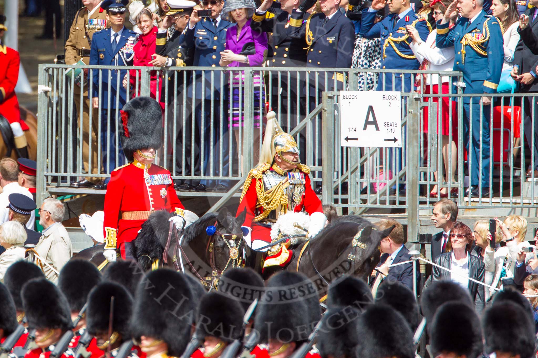 Trooping the Colour 2013: The Non-Royal Colonels, Colonel Coldstream Guards, General Sir James Bucknall, and Gold Stick in Waiting and Colonel Life Guards, Field Marshal the Lord Guthrie of Craigiebank. Image #265, 15 June 2013 10:58 Horse Guards Parade, London, UK