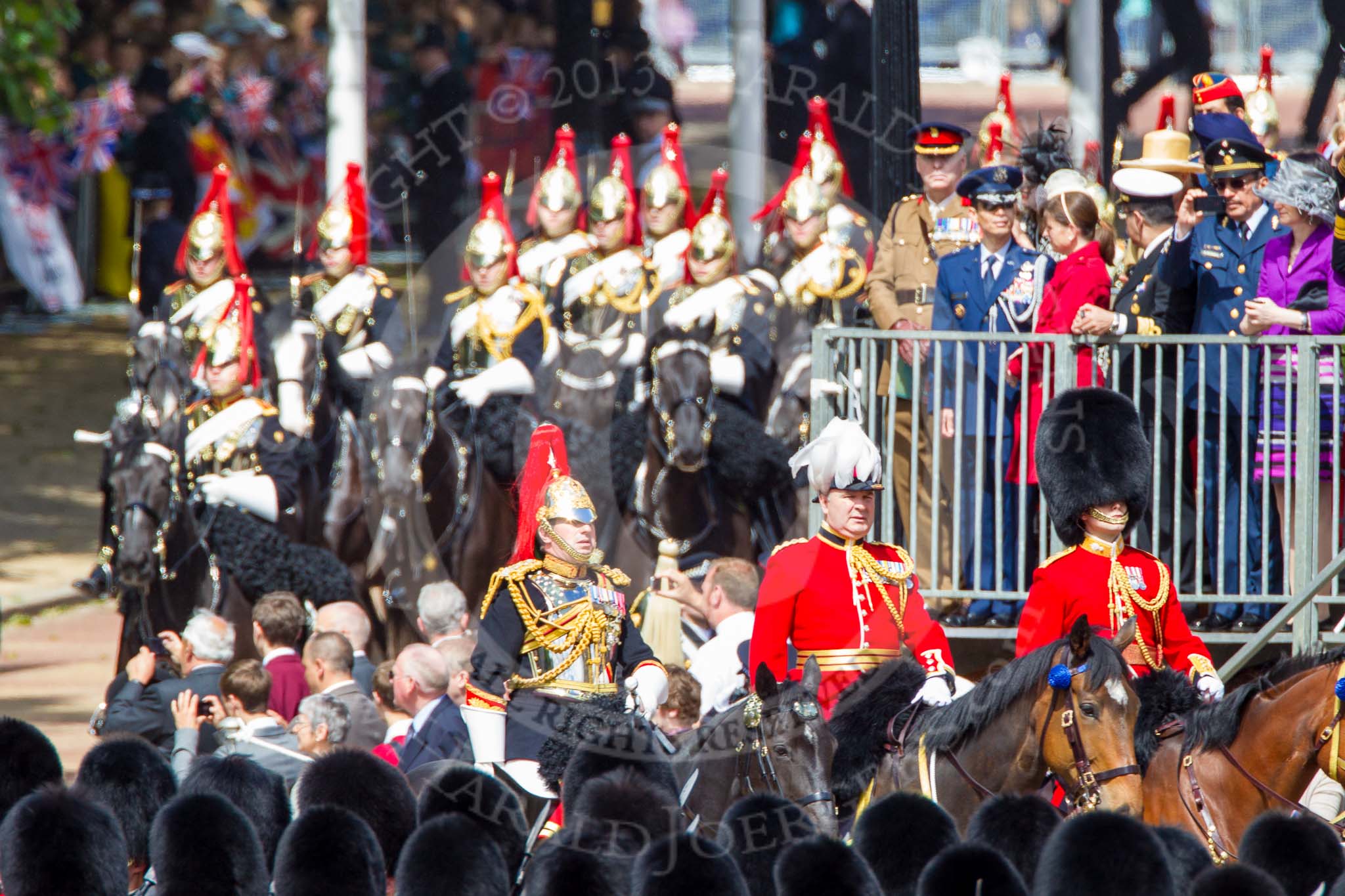 Trooping the Colour 2013: From left to right -  Silver-Stick-in-Waiting, Colonel S H Cowen, The Blues and Royals, 
Chief of Staff, Colonel R H W St G Bodington, Welsh Guards, and Aide-de-Camp, Captain J J Hathaway-White, Grenadier Guards. Image #270, 15 June 2013 10:58 Horse Guards Parade, London, UK