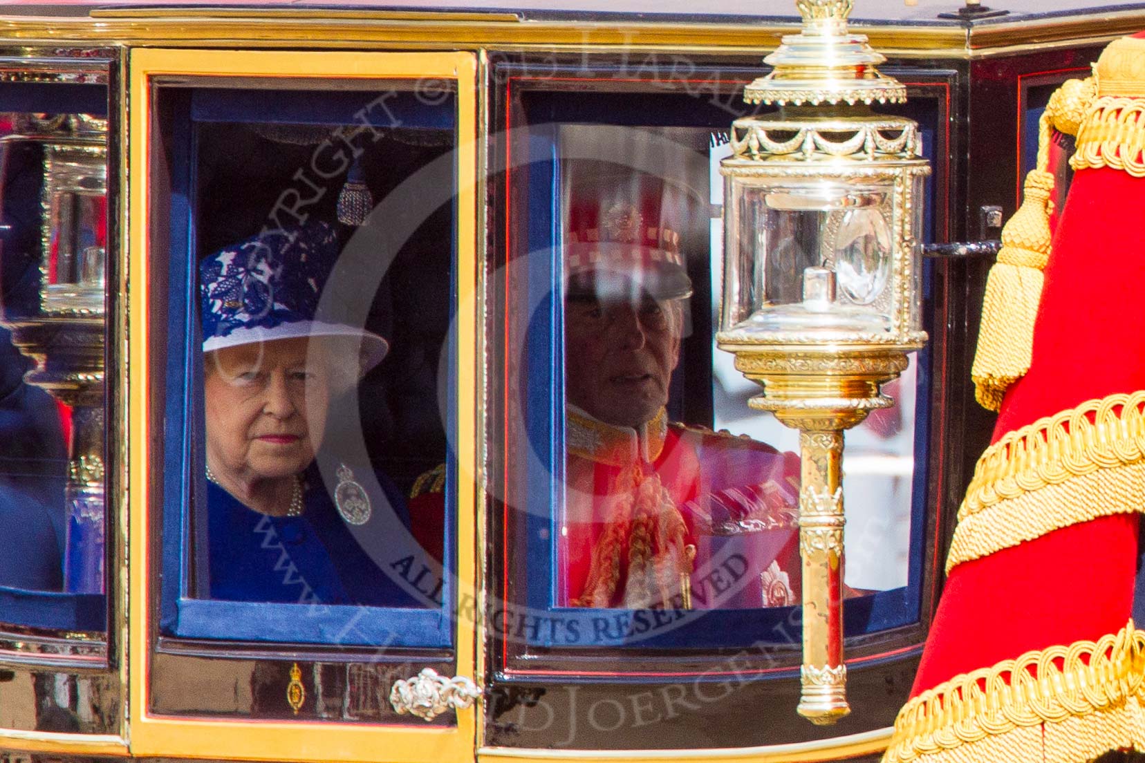 Trooping the Colour 2013: HM The Queen and HRH The Duke of Kent in the Glass Coach arriving on Horse Guards Parade..
Horse Guards Parade, Westminster,
London SW1,

United Kingdom,
on 15 June 2013 at 10:59, image #274