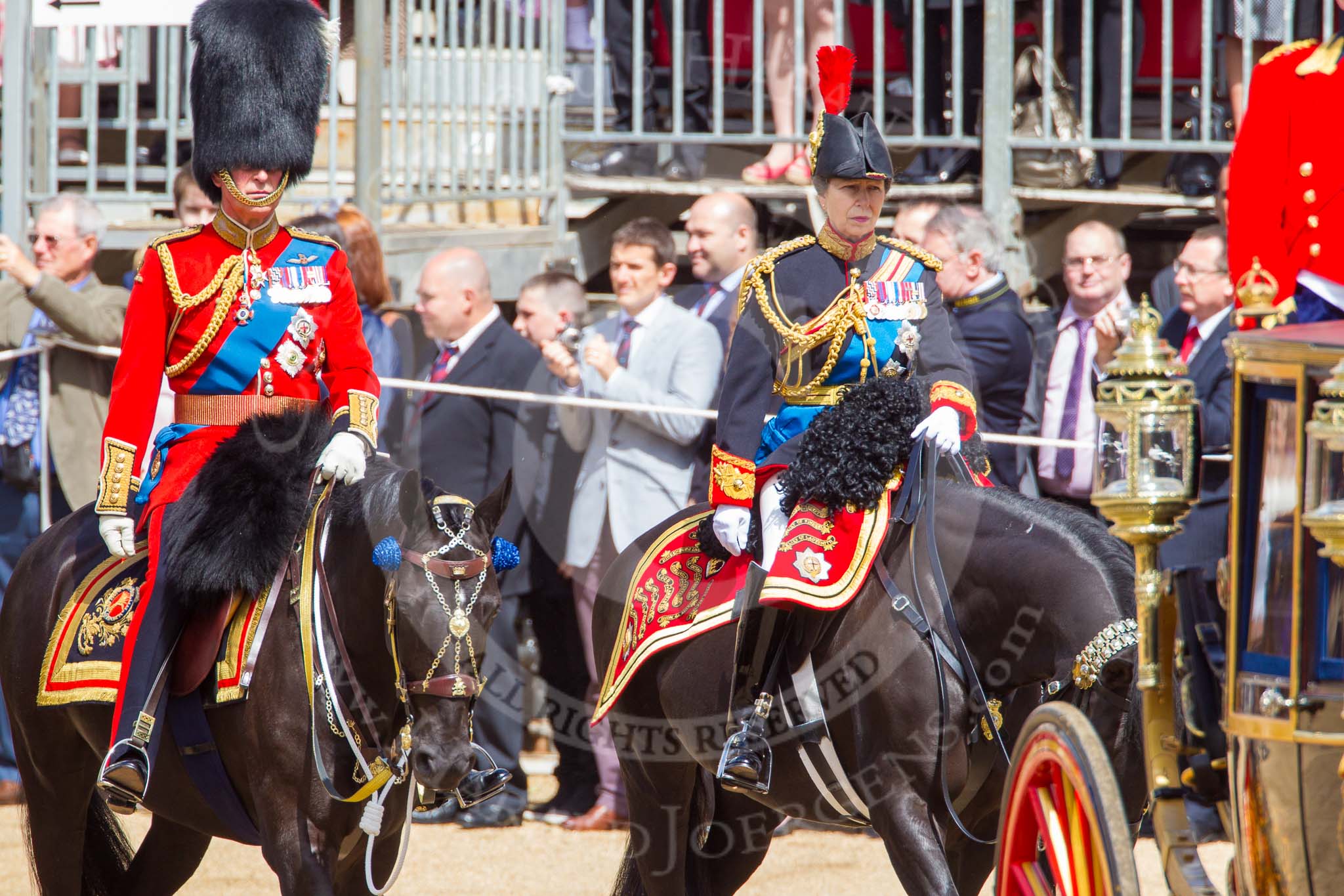 Trooping the Colour 2013: Two of the Royal Colonels - HRH The Prince of Wales, Colonel Welsh Guards, and HRH The Princess Royal, Colonel The Blues and Royals (Royal Horse Guards and 1st Dragoons)..
Horse Guards Parade, Westminster,
London SW1,

United Kingdom,
on 15 June 2013 at 10:59, image #278