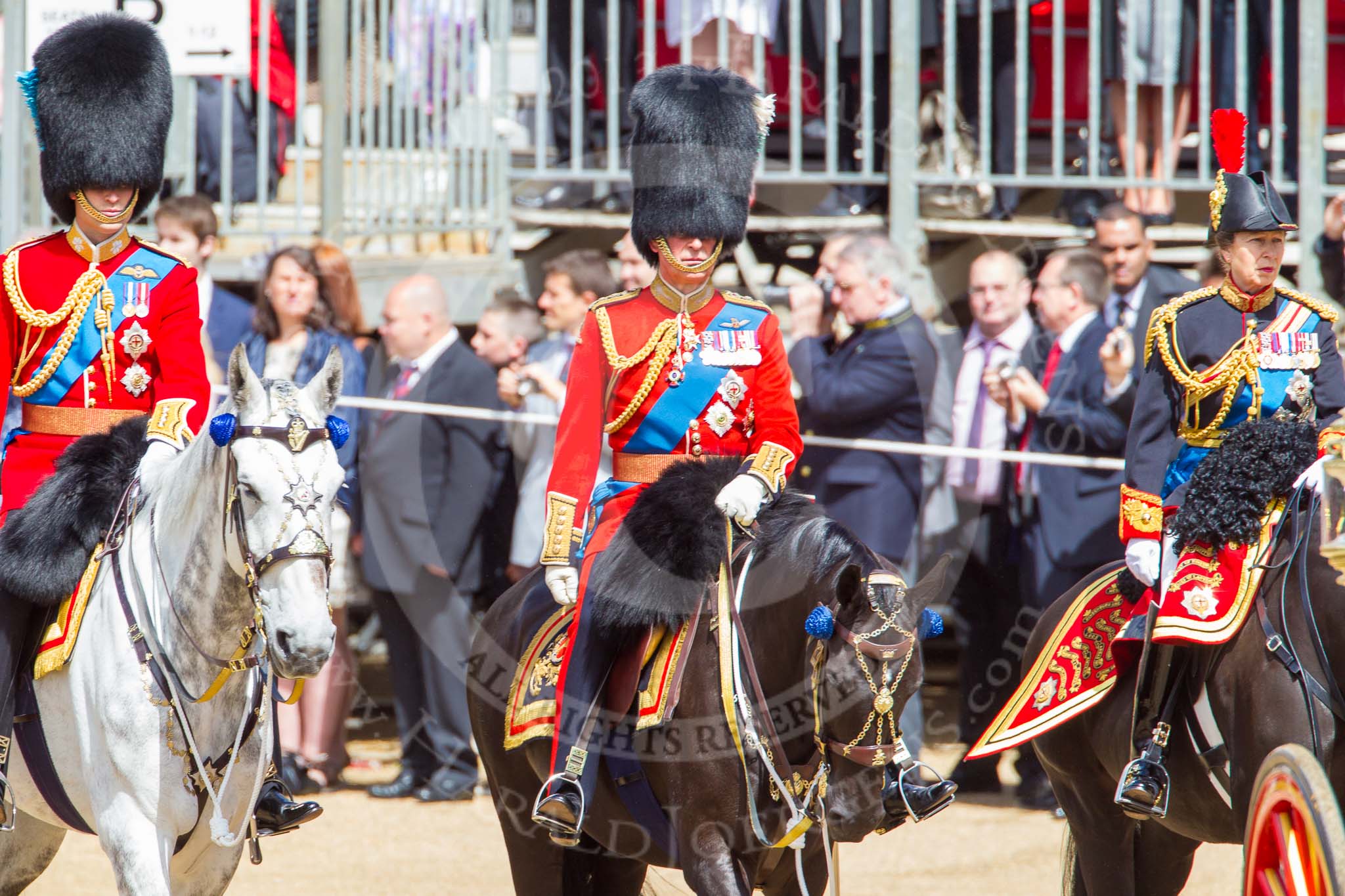 Trooping the Colour 2013: The Royal Colonels - HRH The Duke of Cambridge, Colonel Irish Guards, HRH The Prince of Wales, Colonel Welsh Guards, and HRH The Princess Royal, Colonel The Blues and Royals (Royal Horse Guards and 1st Dragoons). Image #279, 15 June 2013 10:59 Horse Guards Parade, London, UK