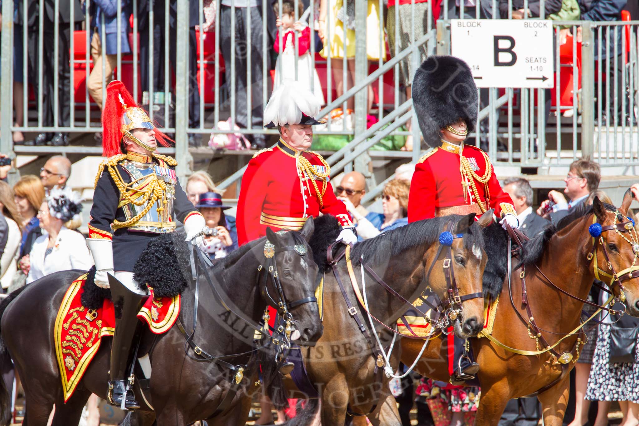 Trooping the Colour 2013: From left to right -  Silver-Stick-in-Waiting, Colonel S H Cowen, The Blues and Royals, 
Chief of Staff, Colonel R H W St G Bodington, Welsh Guards, and Aide-de-Camp, Captain J J Hathaway-White, Grenadier Guards. Image #285, 15 June 2013 10:59 Horse Guards Parade, London, UK