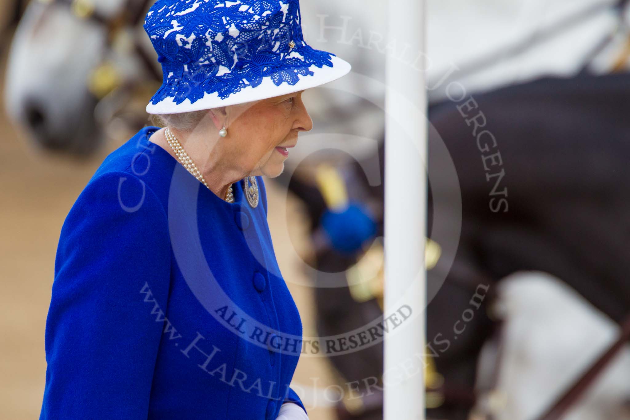 Trooping the Colour 2013: HM The Queen leaving the dais after the National Anthem to get back into the Glass Coach for the Inspection of the Line..
Horse Guards Parade, Westminster,
London SW1,

United Kingdom,
on 15 June 2013 at 11:01, image #300