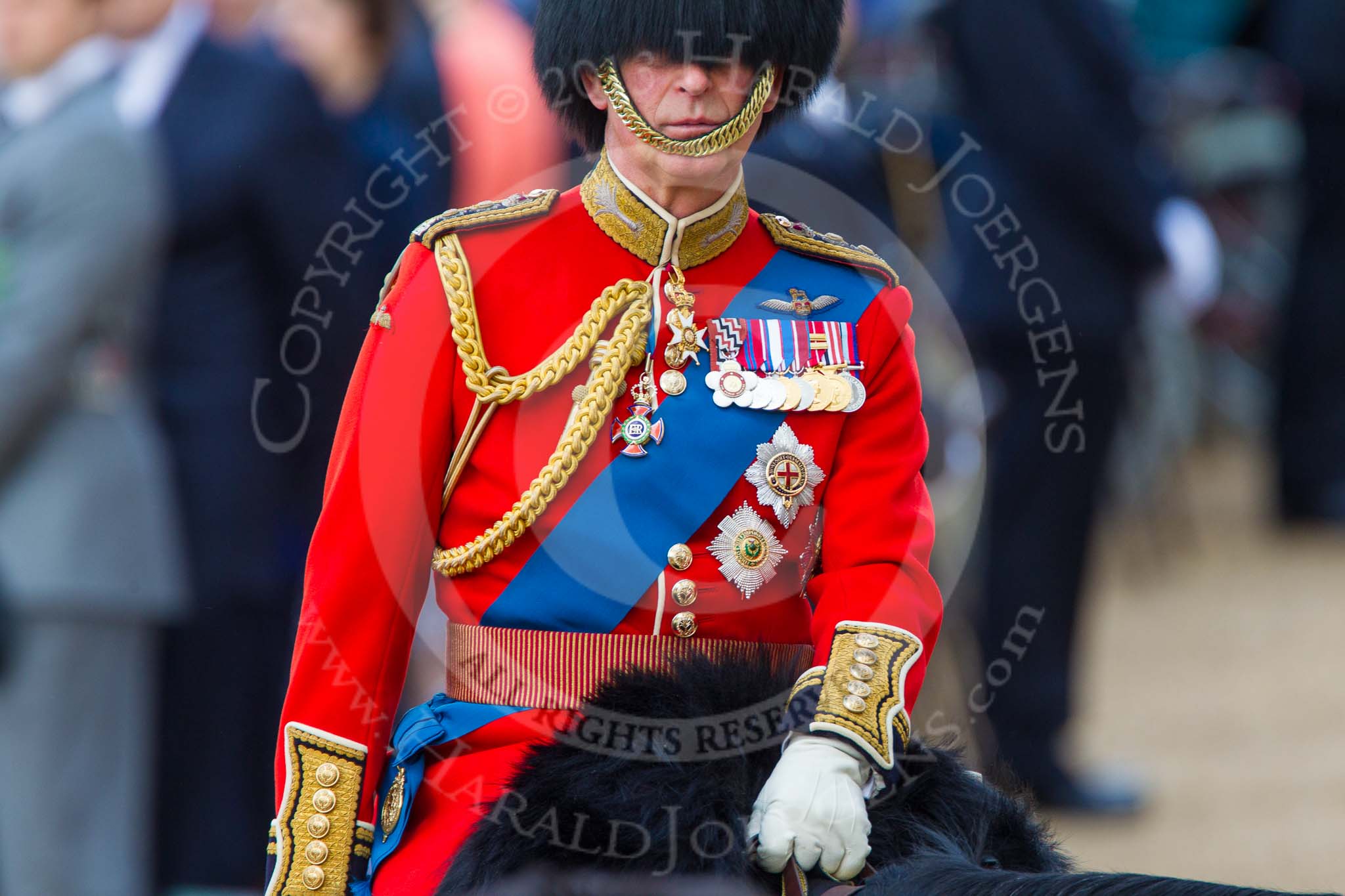 Trooping the Colour 2013: Close-up of HRH The Prince of Wales, Colonel Welsh Guards, on horseback during the Inspection of the line..
Horse Guards Parade, Westminster,
London SW1,

United Kingdom,
on 15 June 2013 at 11:02, image #305