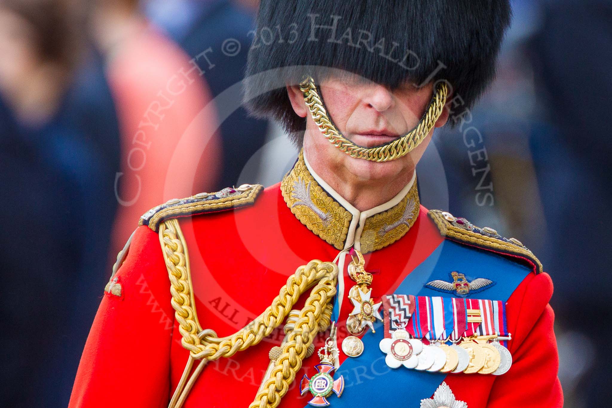 Trooping the Colour 2013: Close-up of HRH The Prince of Wales, Colonel Welsh Guards, on horseback during the Inspection of the line..
Horse Guards Parade, Westminster,
London SW1,

United Kingdom,
on 15 June 2013 at 11:02, image #308