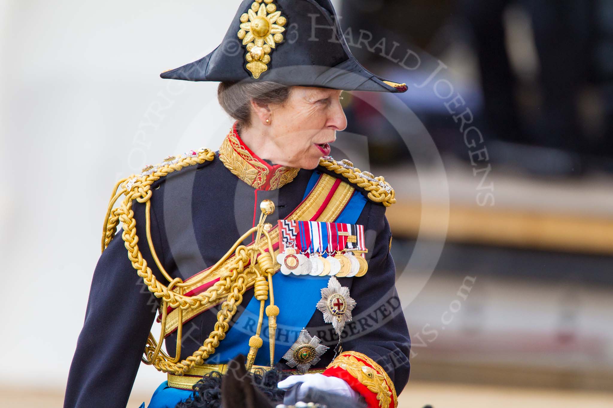 Trooping the Colour 2013: Close-up of HRH The Princess Royal, Colonel The Blues and Royals (Royal Horse Guards and 1st Dragoons), talking, on horseback during the Inspection of the line..
Horse Guards Parade, Westminster,
London SW1,

United Kingdom,
on 15 June 2013 at 11:02, image #313