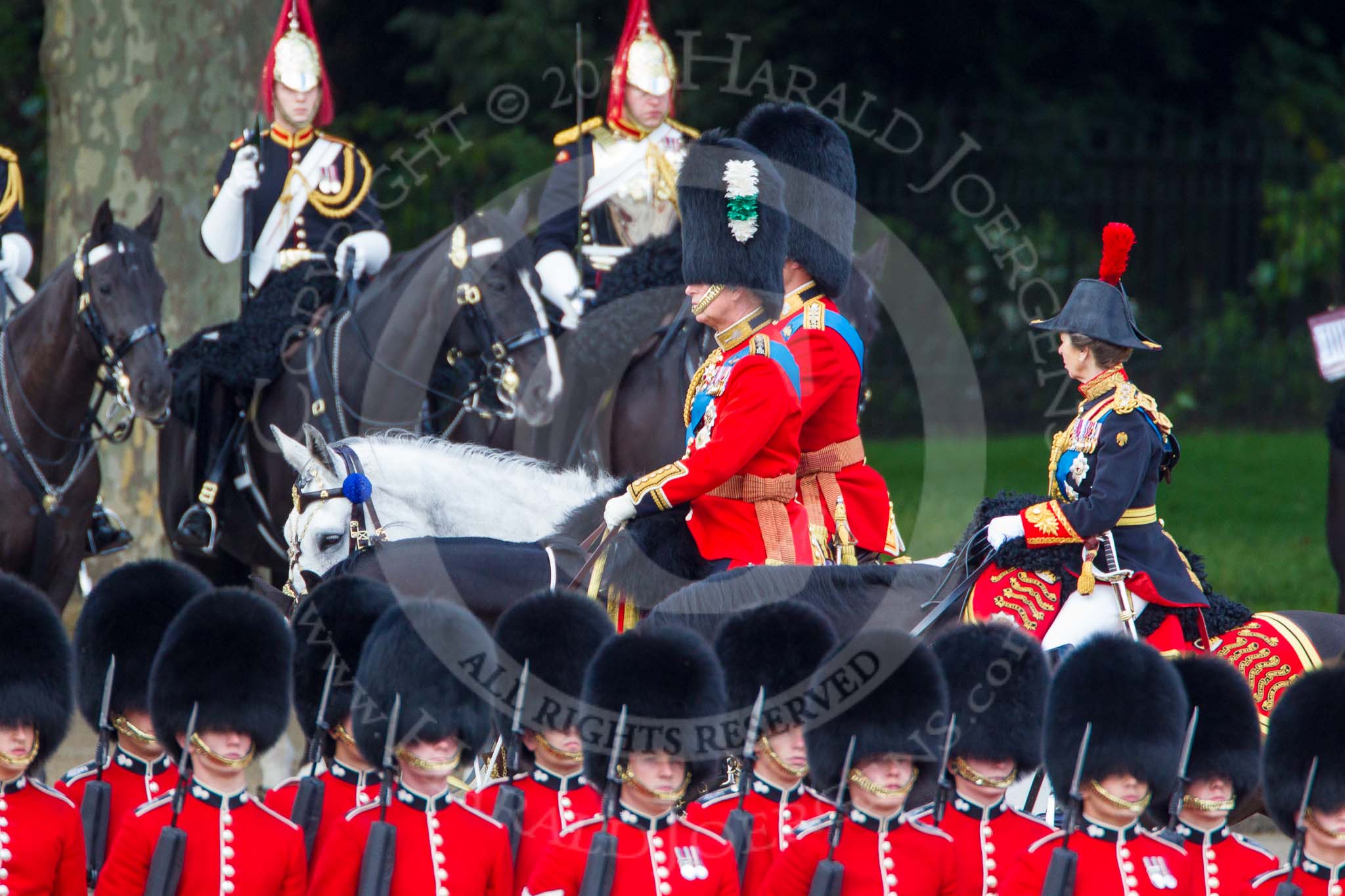 Trooping the Colour 2013: The Royal Colonels during the Inspection of the Line - HRH The Duke of Cambridge, Colonel Irish Guards, HRH The Prince of Wales, Colonel Welsh Guards, and HRH The Princess Royal, Colonel The Blues and Royals (Royal Horse Guards and 1st Dragoons). Image #348, 15 June 2013 11:05 Horse Guards Parade, London, UK