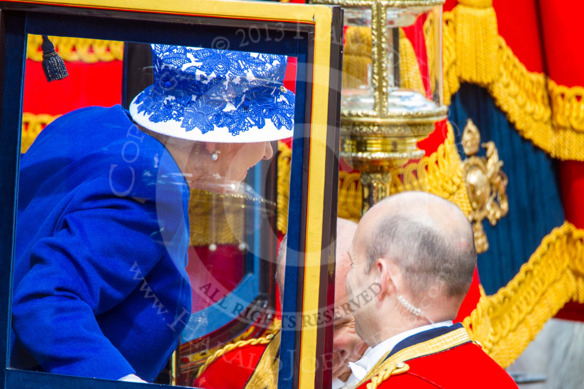 Trooping the Colour 2013: HM The Queen, smiling, as she is leaving the Glass Coach after the Inspection of the Line. Image #382, 15 June 2013 11:08 Horse Guards Parade, London, UK