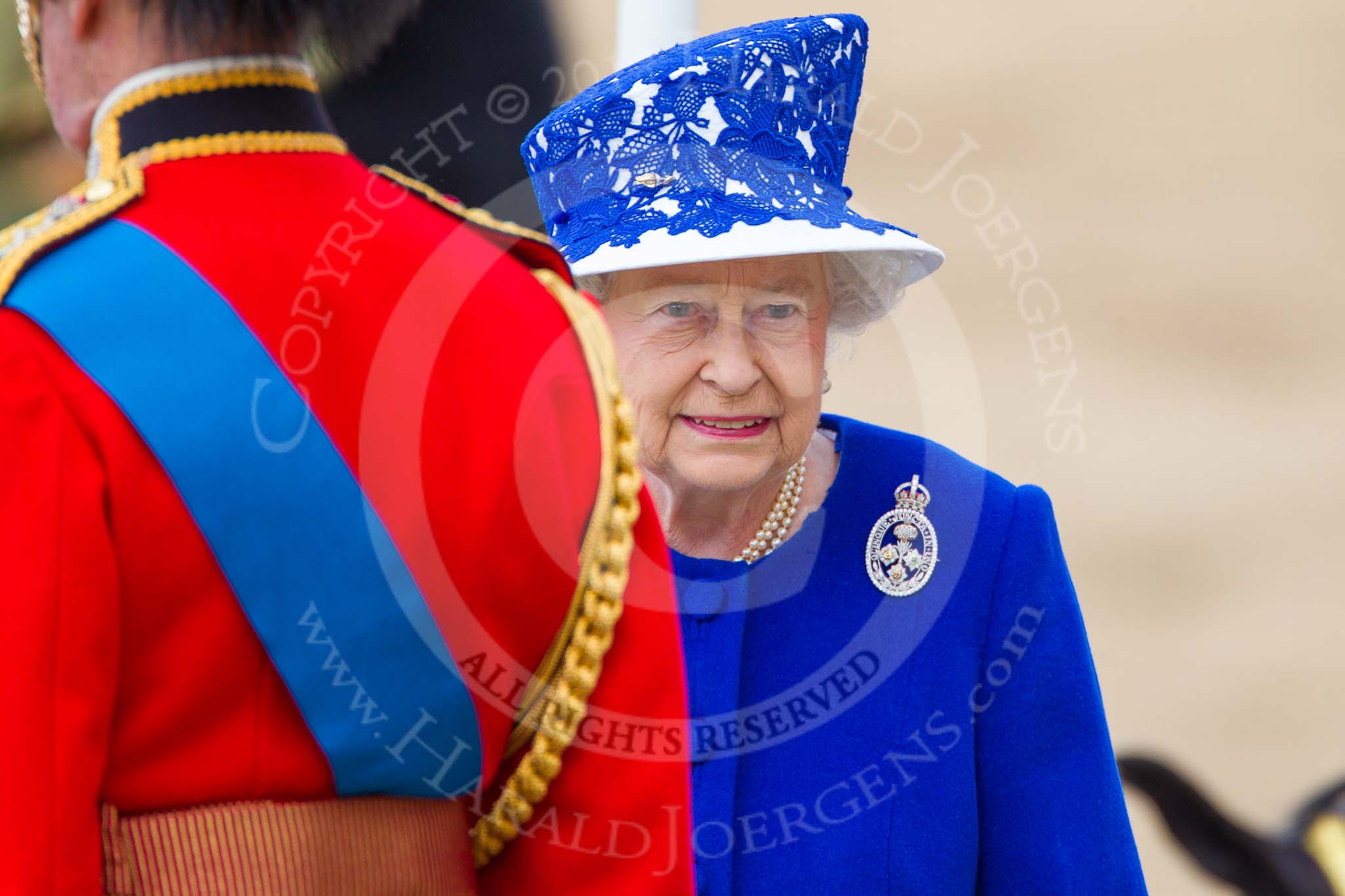 Trooping the Colour 2013: HM The Queen, standing on the dais, with HRH The Duke of Kent next to her, facing the other direction..
Horse Guards Parade, Westminster,
London SW1,

United Kingdom,
on 15 June 2013 at 11:08, image #387