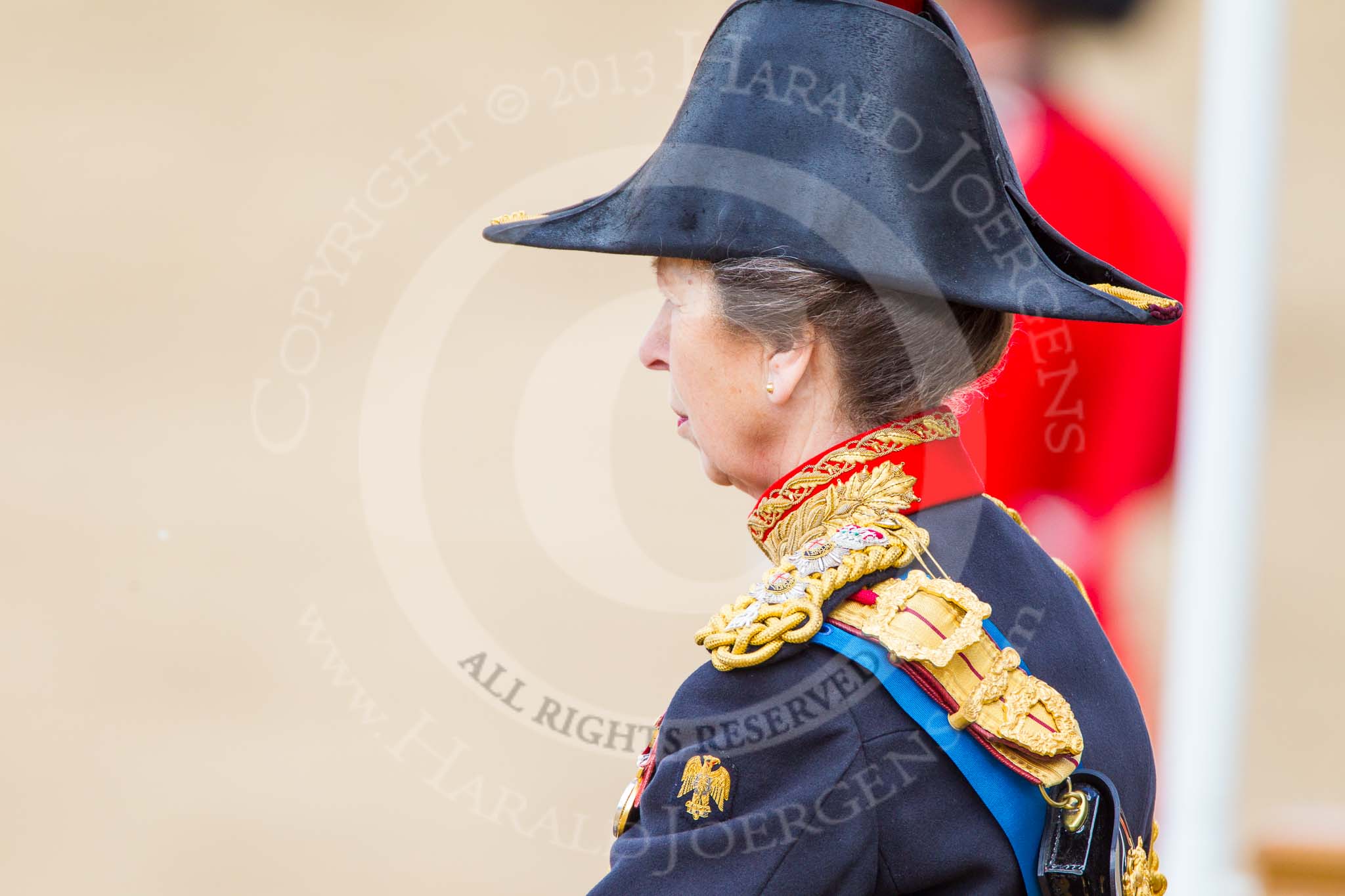 Trooping the Colour 2013: Side-rear close-up of HRH The Princess Royal, Colonel The Blues and Royals (Royal Horse Guards and 1st Dragoons) after the Inspection of the Line. Image #388, 15 June 2013 11:08 Horse Guards Parade, London, UK