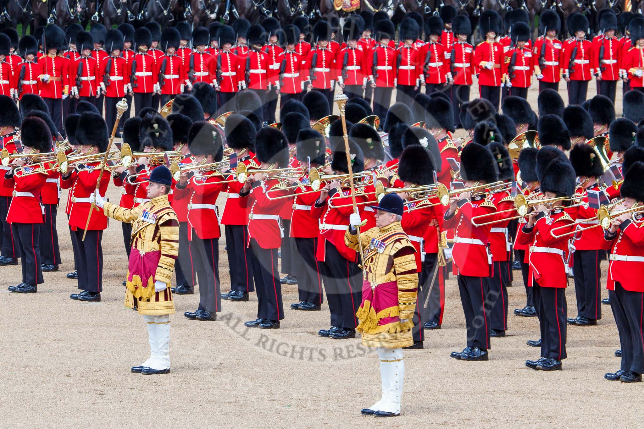 Trooping the Colour 2013: Drum Majors D P Thomas and Stephen Staite during the Massed Bands Troop. Image #413, 15 June 2013 11:13 Horse Guards Parade, London, UK