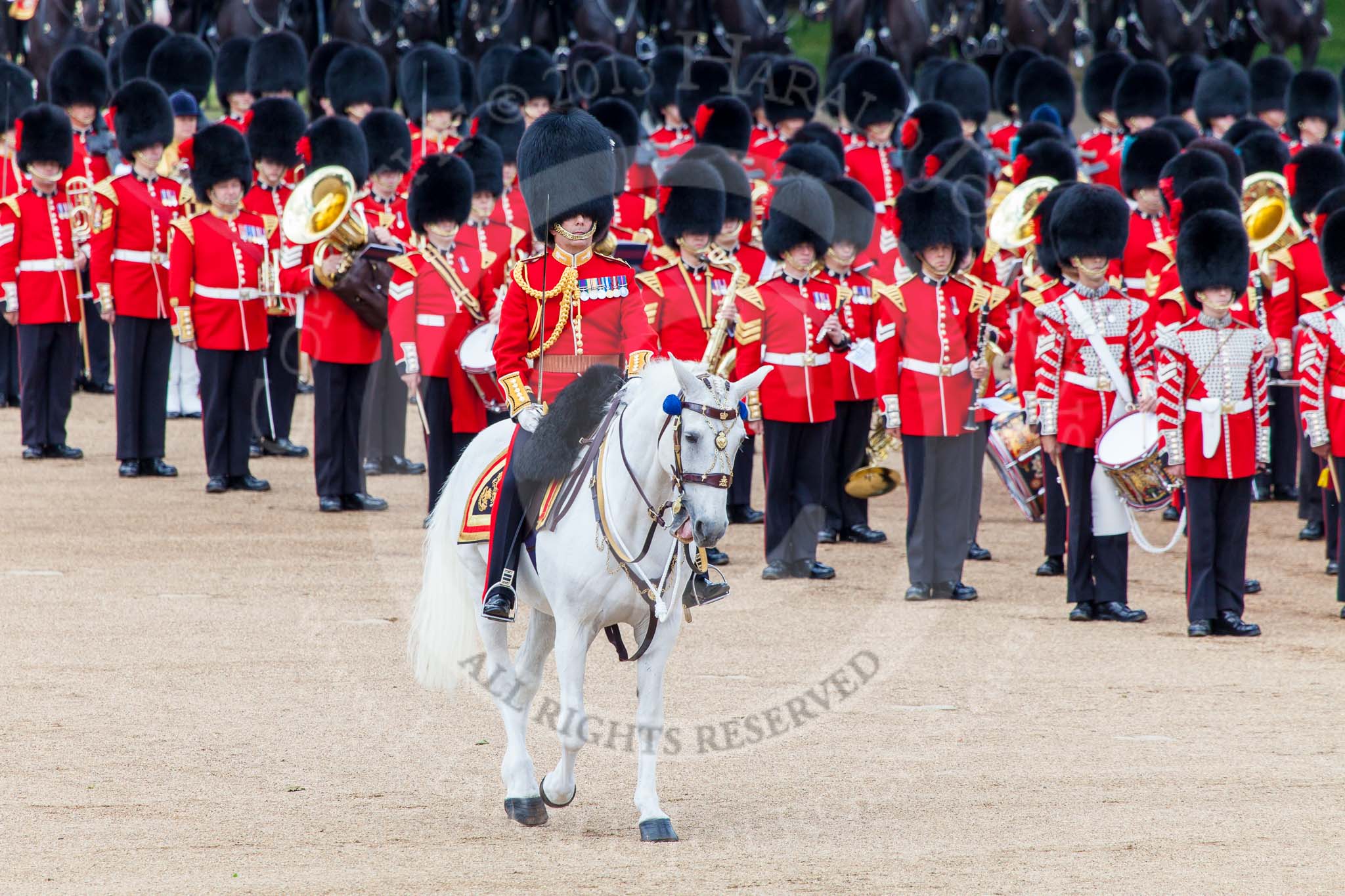 Trooping the Colour 2013: The Field Officer in Brigade Waiting, Lieutenant Colonel Dino Bossi, Welsh Guards,moves forward before the Colour changes hands. Image #450, 15 June 2013 11:20 Horse Guards Parade, London, UK