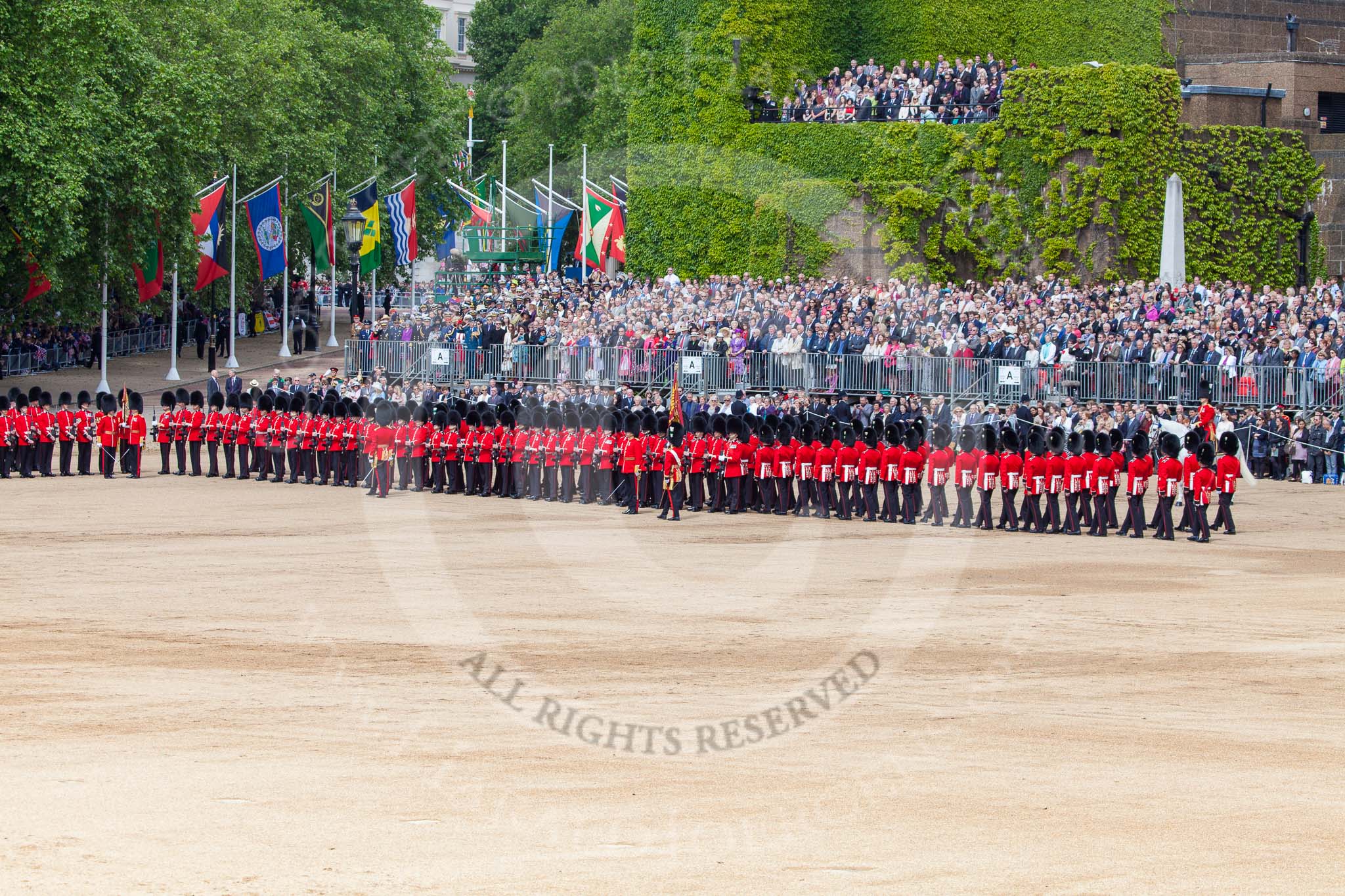 Trooping the Colour 2013: The Escort Tto the Colour troops the Colour past No. 6 Guard, No. 7 Company Coldstream Guards. Image #491, 15 June 2013 11:25 Horse Guards Parade, London, UK