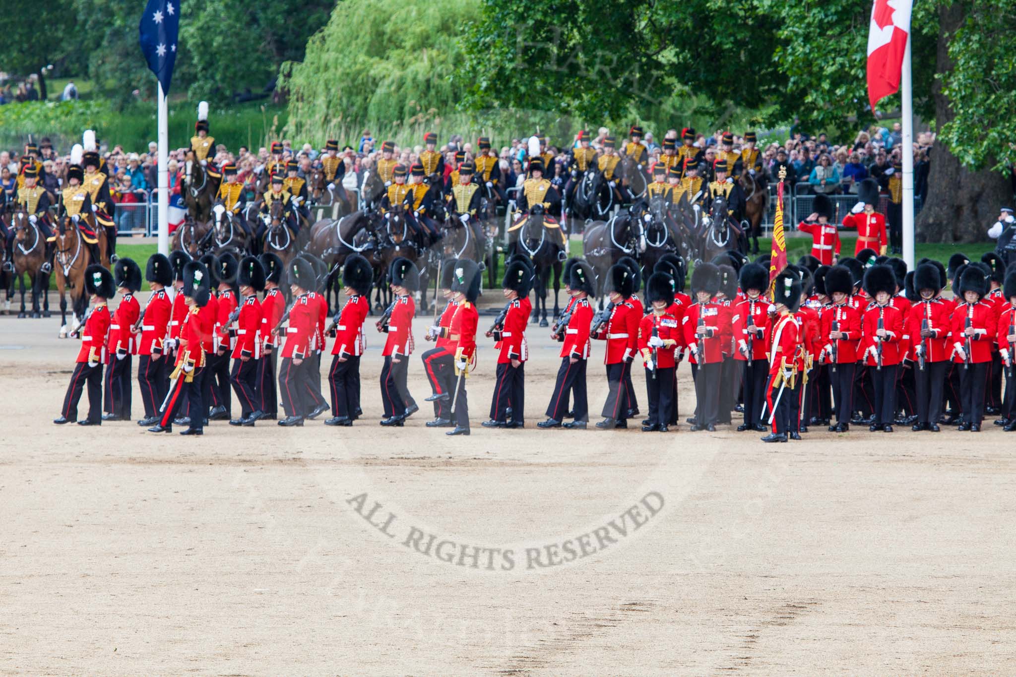 Trooping the Colour 2013: The Escort to the Colour has trooped the Colour past No. 2 Guard, 1st Battalion Welsh Guards, and is now almost back to their initial position, when they were the Escort for the Colour. Image #501, 15 June 2013 11:27 Horse Guards Parade, London, UK